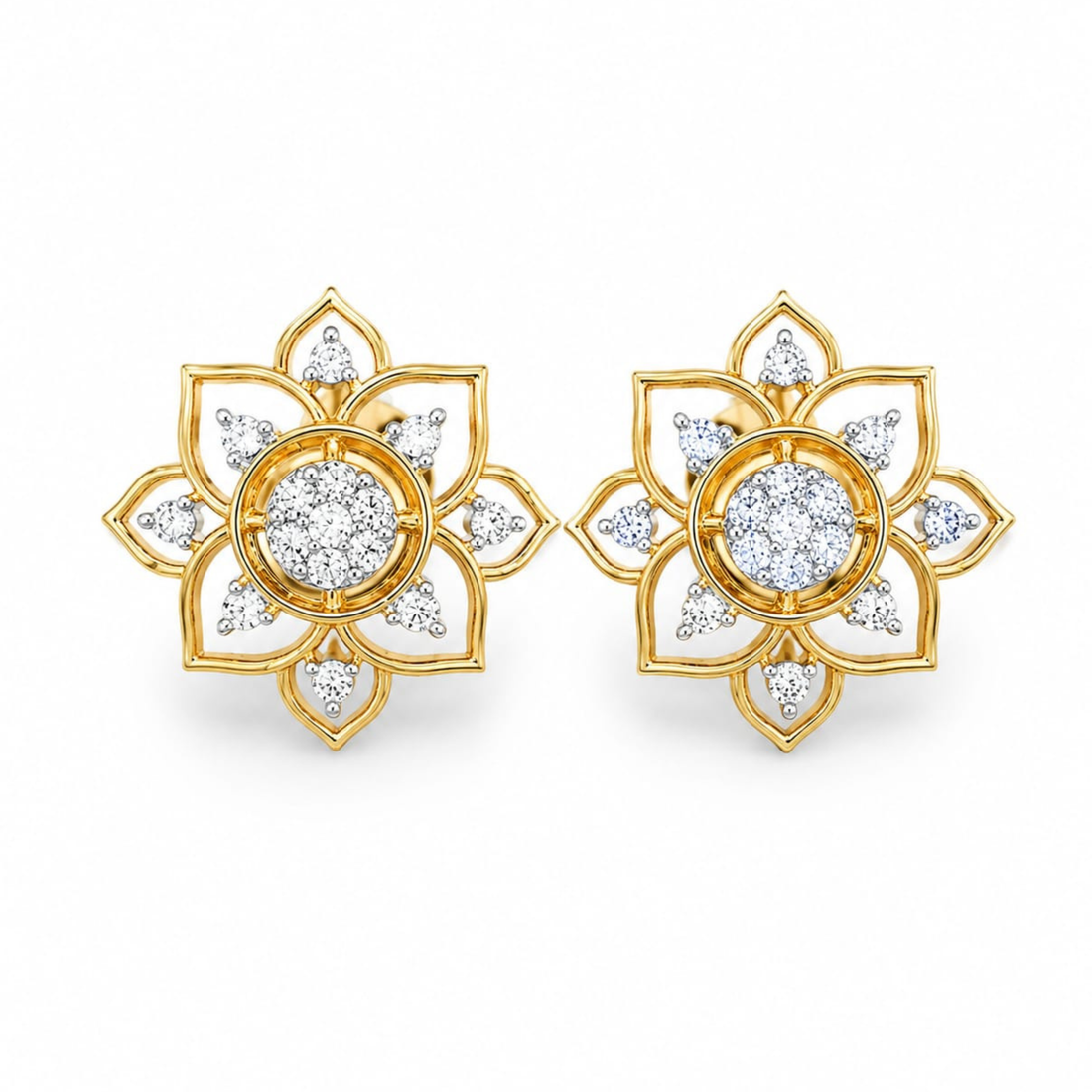 Aurelia Flora 925 silver stud earrings in gold polish with sparkling diamond-like stones on white background