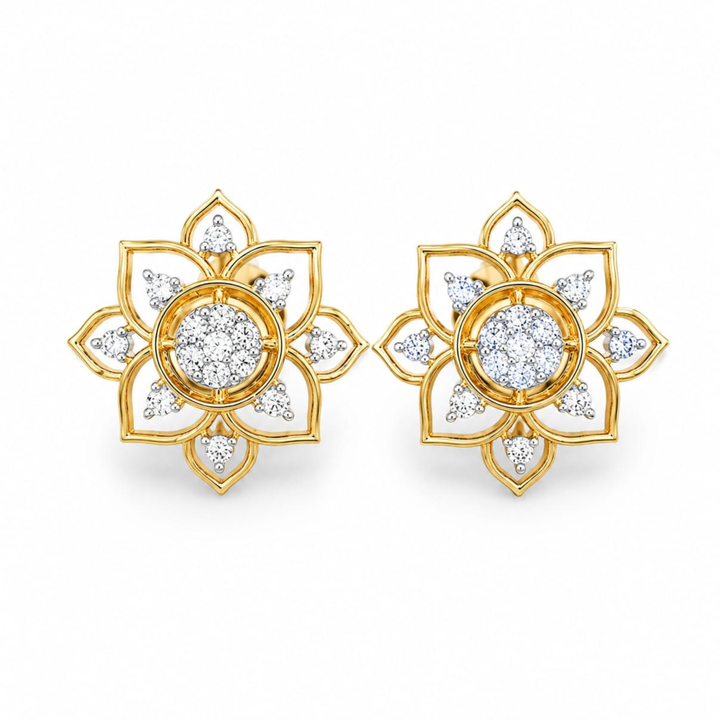 Aurelia Flora 925 silver stud earrings in gold polish with sparkling diamond-like stones on white background