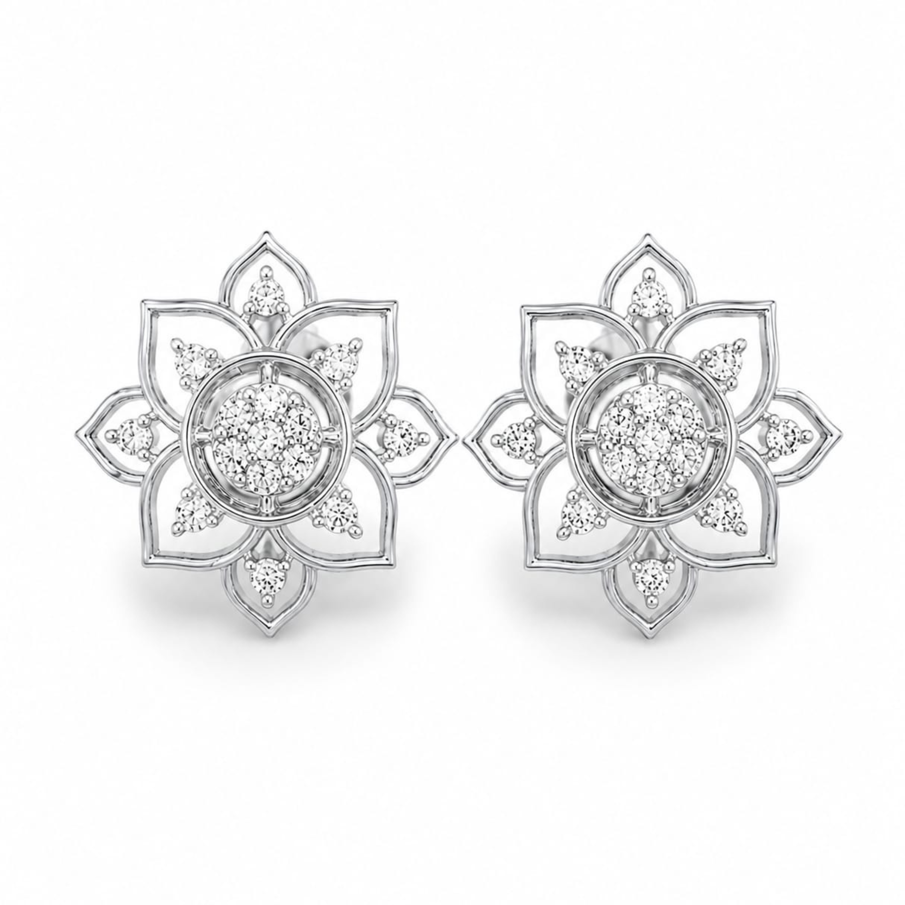 Aurelia Flora 925 silver stud earrings in white polish with sparkling diamond-like stones on white background