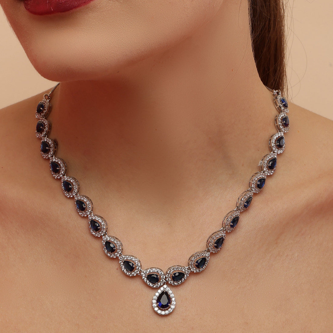 Blue Love Solitaire 925 sterling silver necklace set front view