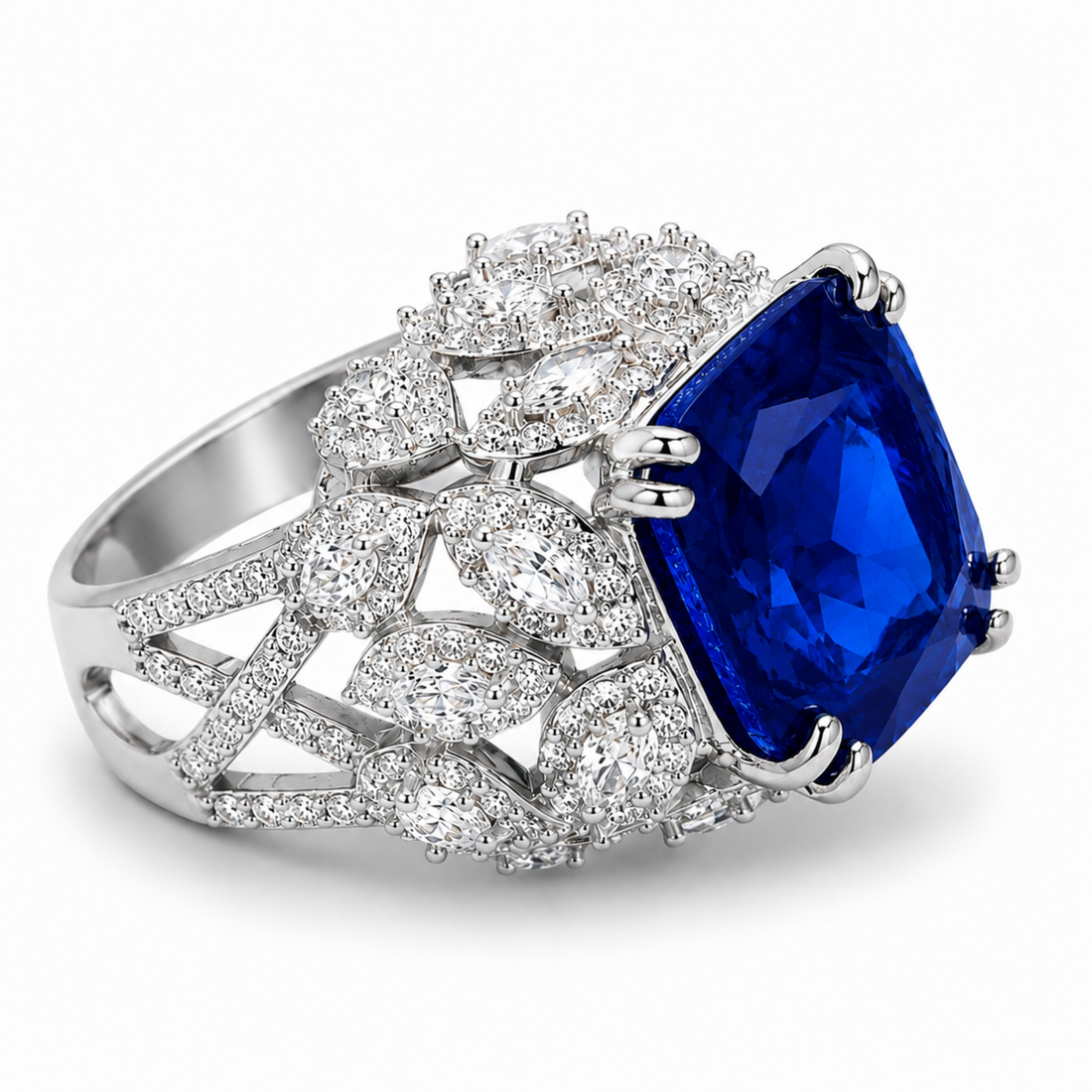 Luxury blue sapphire gemstone statement ring in white polish with sparkling white stones, designer jewellery for women