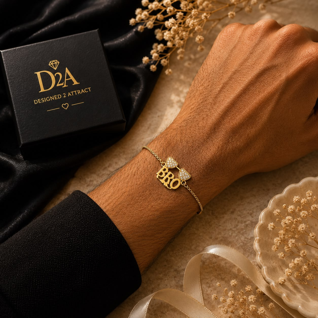 Luxury 925 sterling silver BRO rakhi bracelet aesthetic product shot with premium styling
