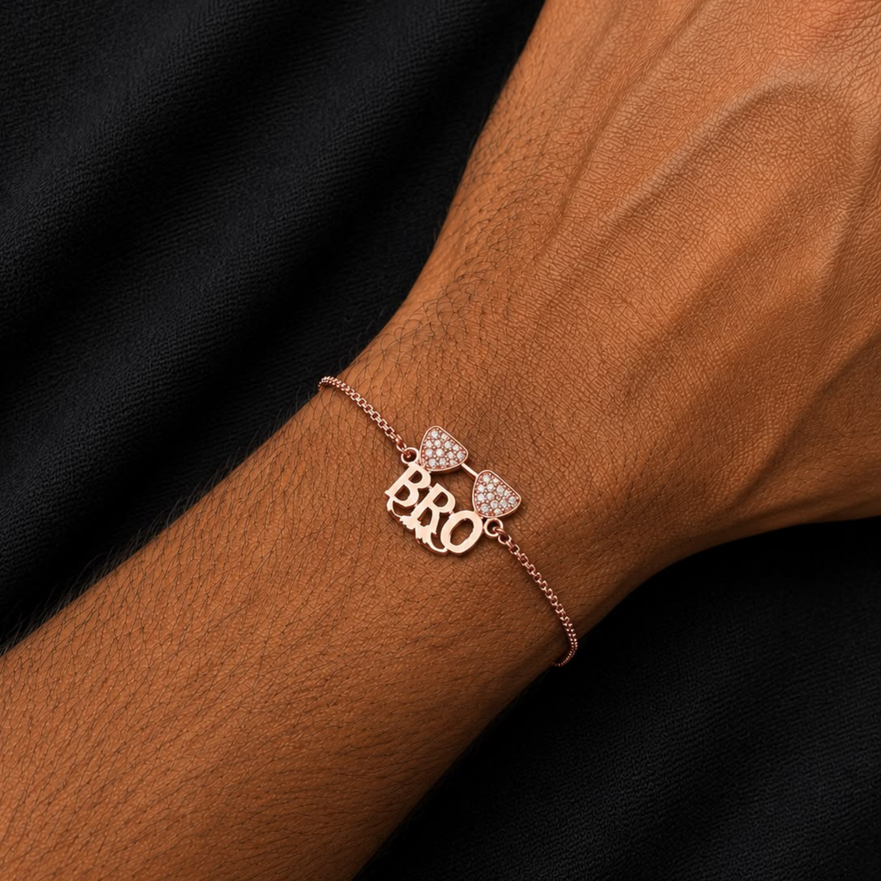 925 sterling silver BRO rakhi bracelet with rose gold polish, premium designer rakhi for brother