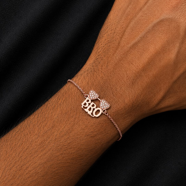 925 sterling silver BRO rakhi bracelet with rose gold polish, premium designer rakhi for brother
