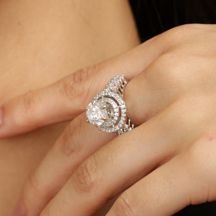Celestial Glow double halo 925 sterling silver ring front view