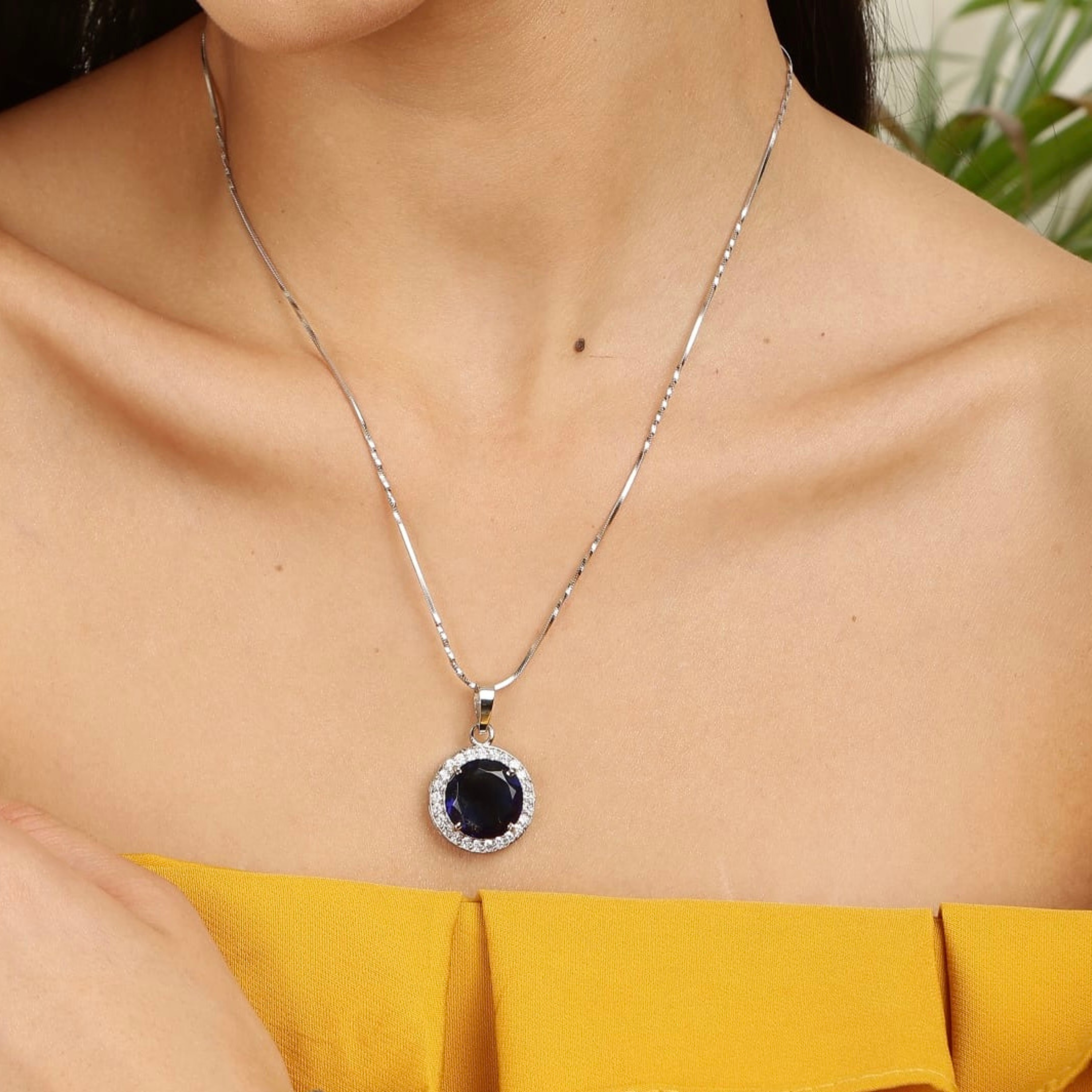 Celestial Sapphire Halo sterling silver pendant close-up detail