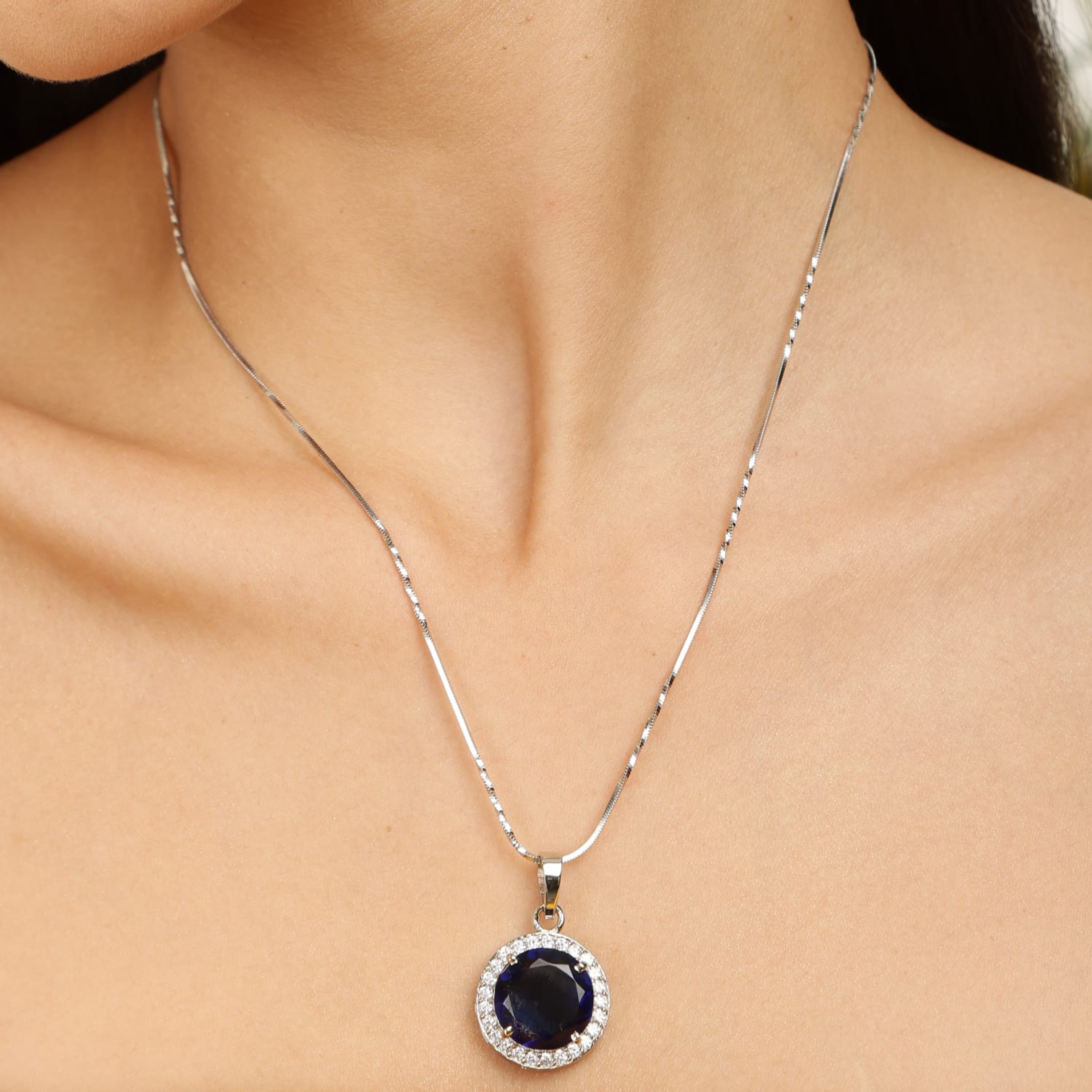 Celestial Sapphire Halo sterling silver pendant lifestyle shot