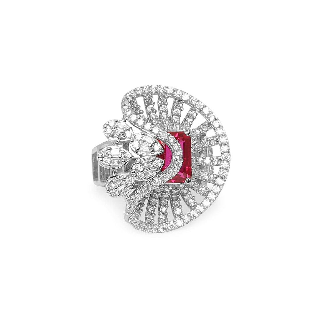Clovia Emerald Cut Ruby sterling silver ring worn on hand