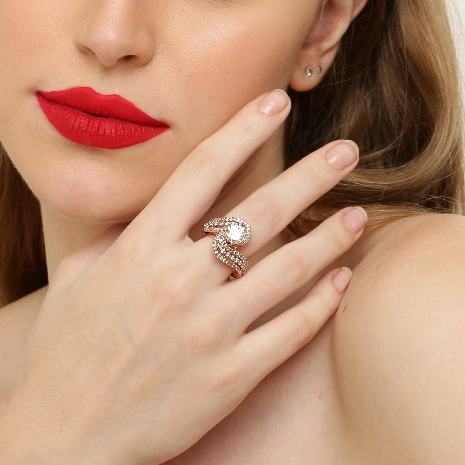 Crossed Paths rose gold sterling silver ring close-up detail