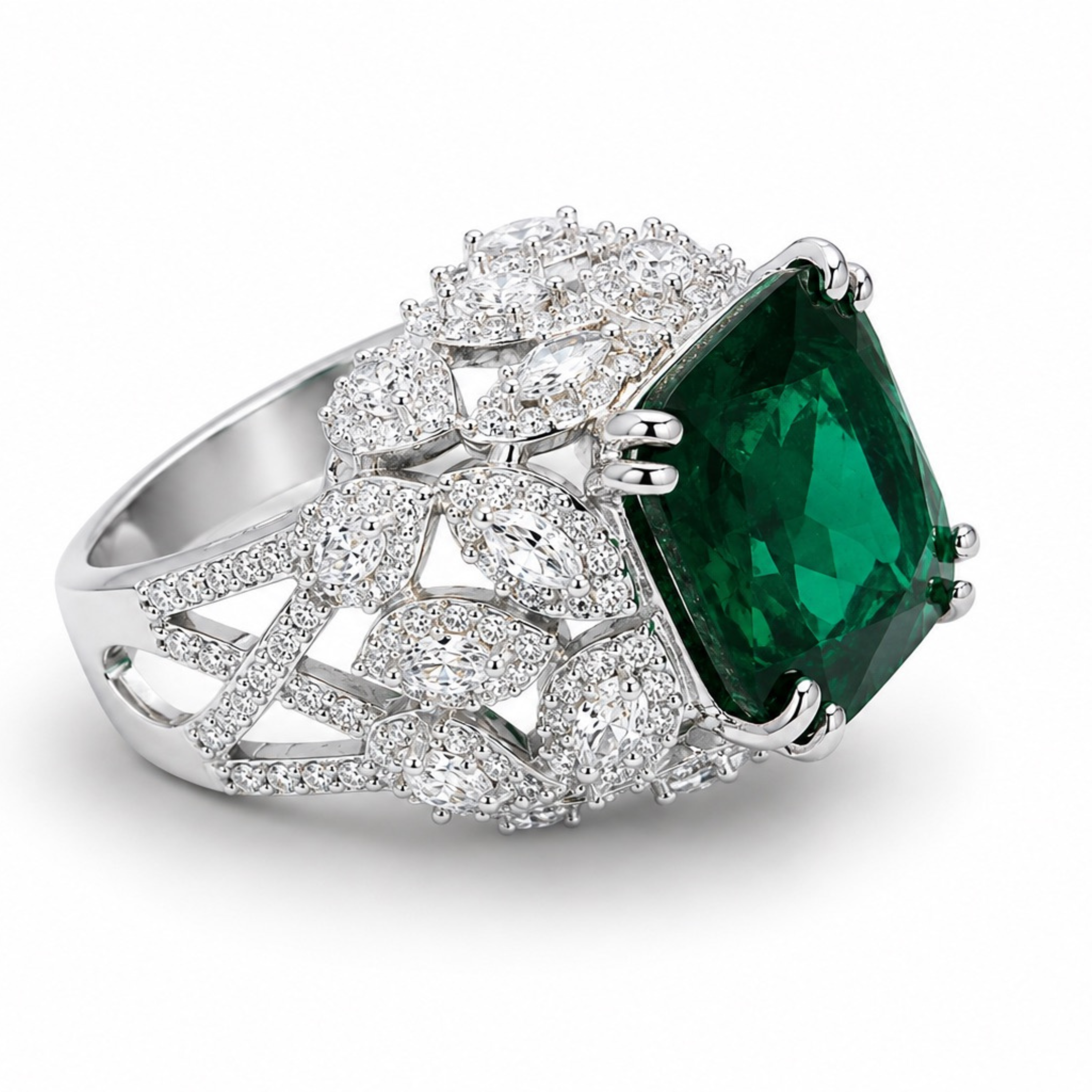 Designed2Attract luxury 925 sterling silver ring featuring a vibrant green emerald stone with sparkling white diamonds and premium white polish on a clean white background