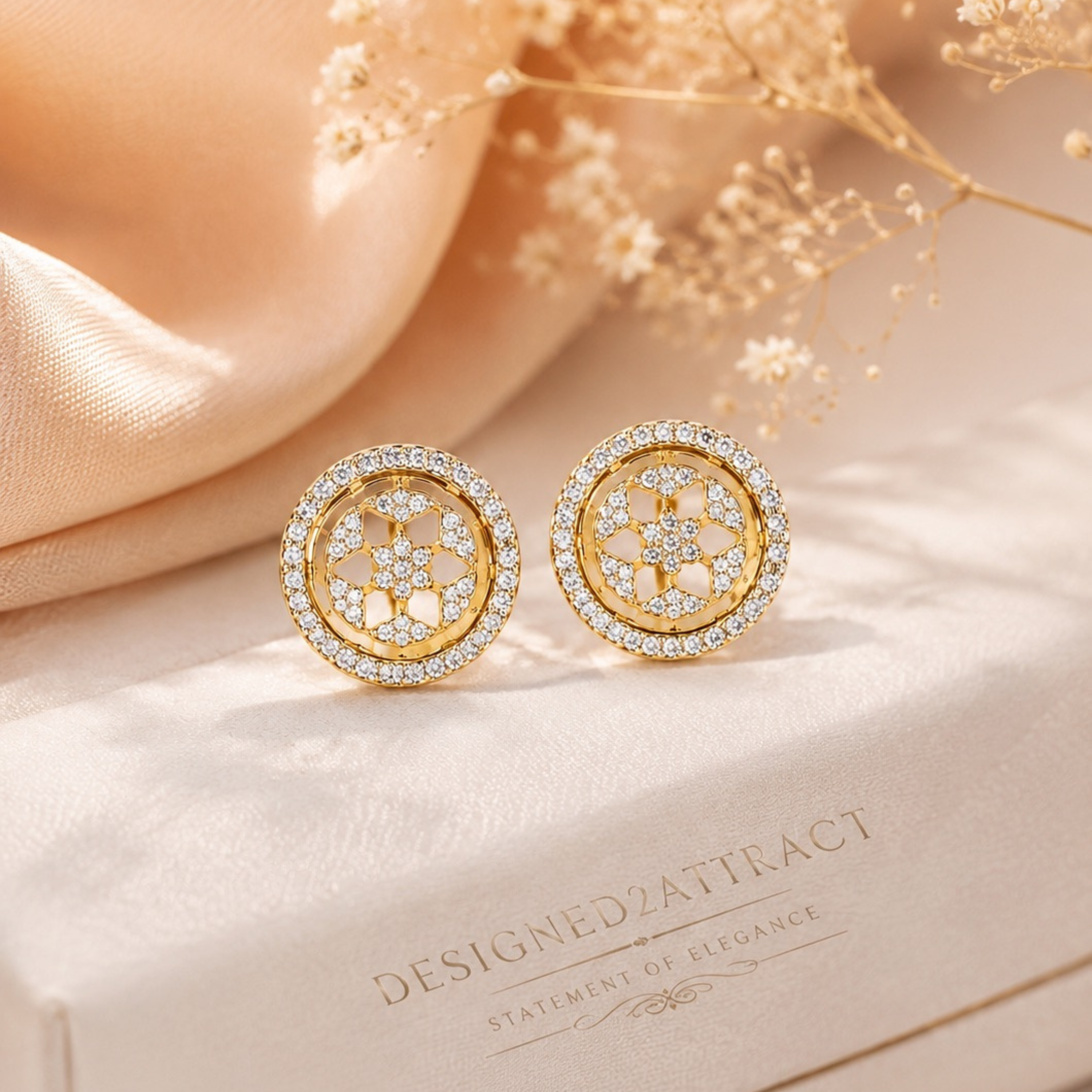 Luxury gold diamond stud earrings displayed with silk fabric and floral aesthetic background