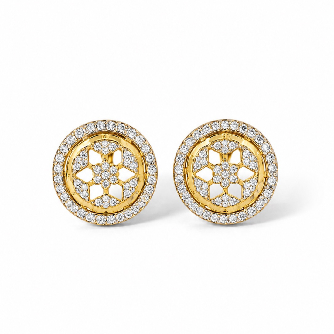 Gold polish floral diamond stud earrings with white stones on clean white background