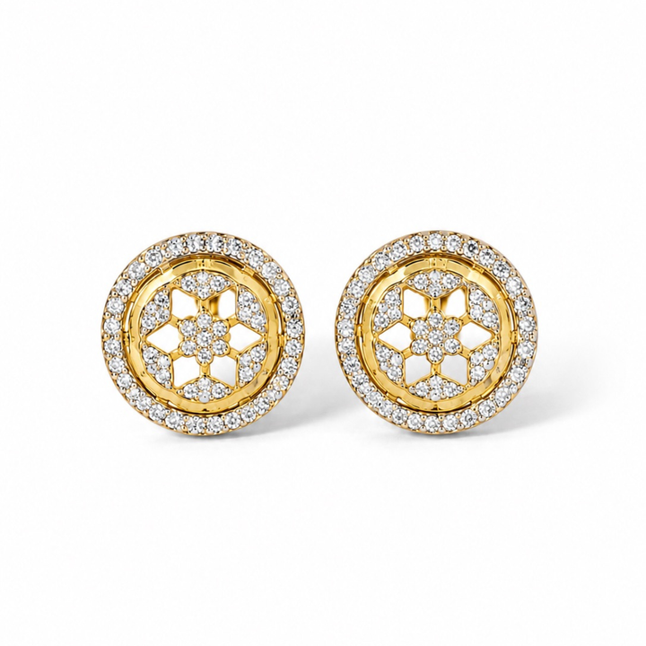 Gold polish floral diamond stud earrings with white stones on clean white background