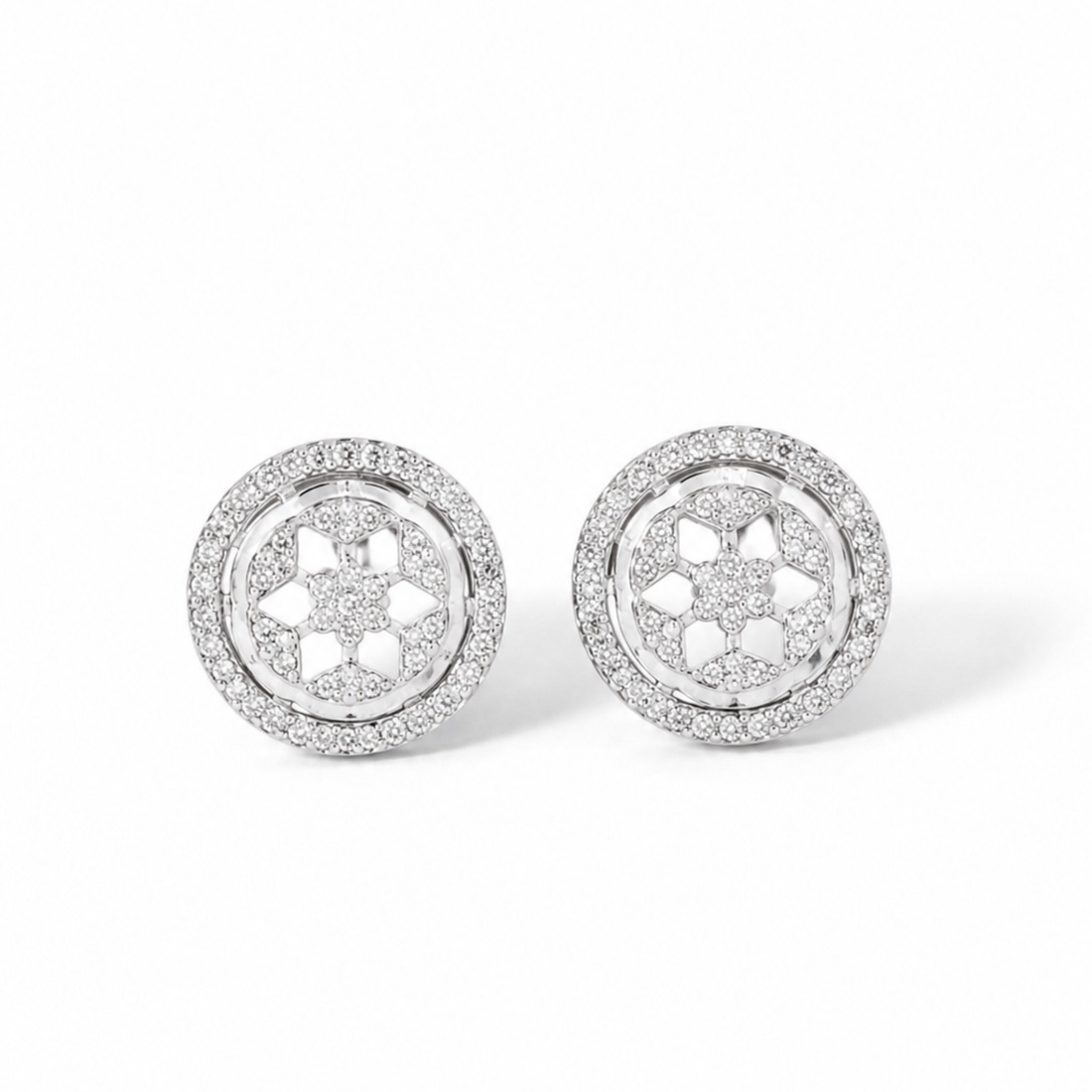 White polish round diamond stud earrings on white background with soft realistic shadow