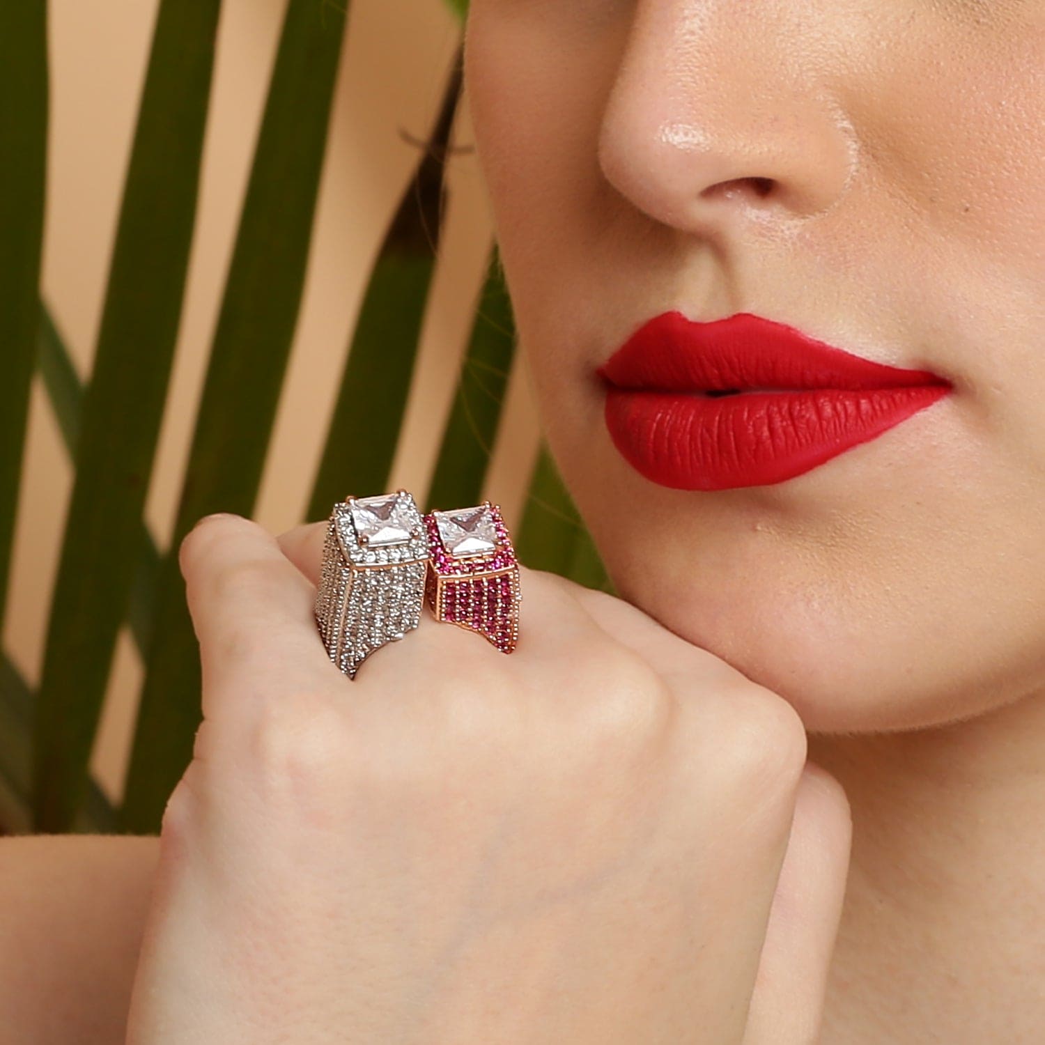 Date Night double princess-cut sterling silver ring worn on hand