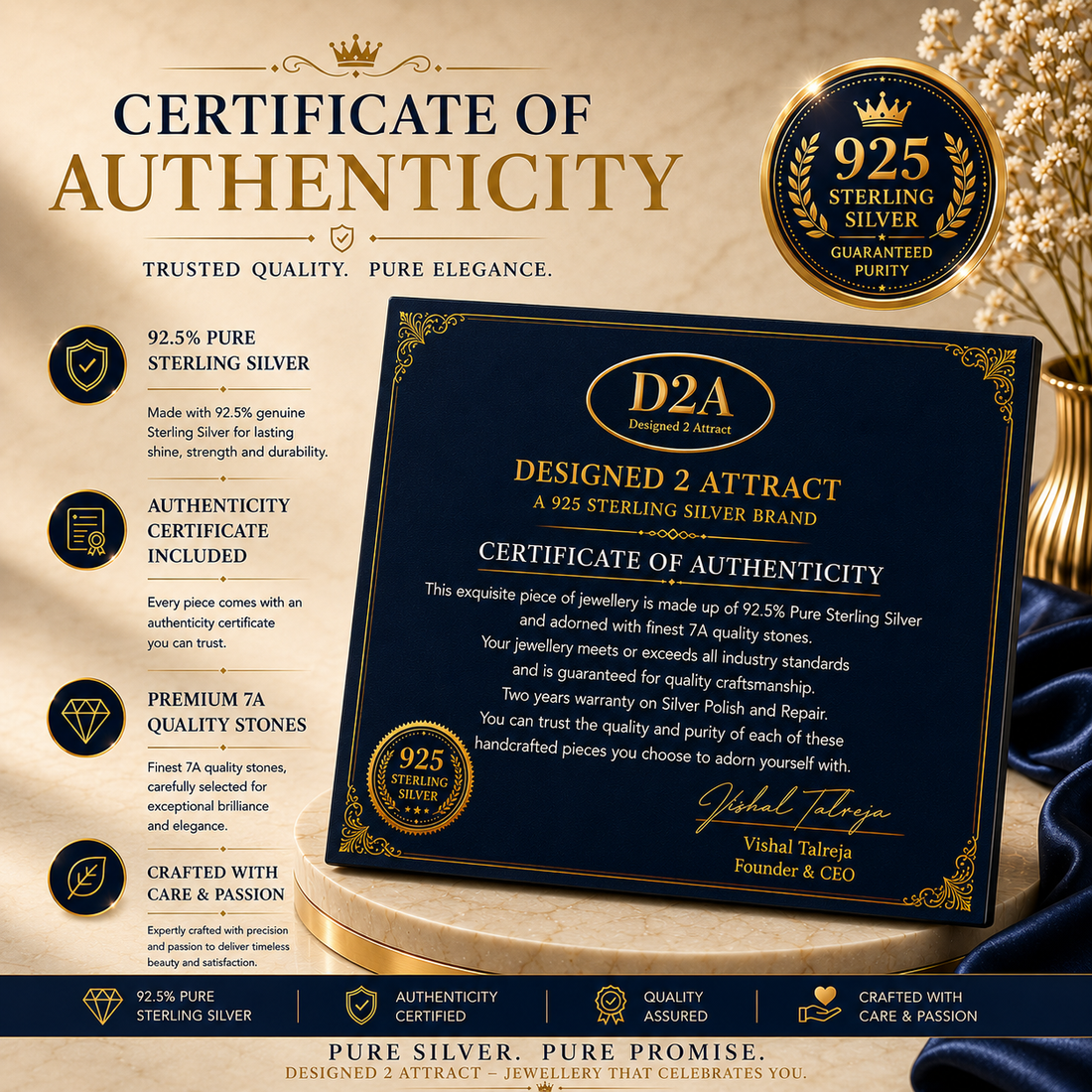Luxury D2A certificate of authenticity for 925 sterling silver jewellery