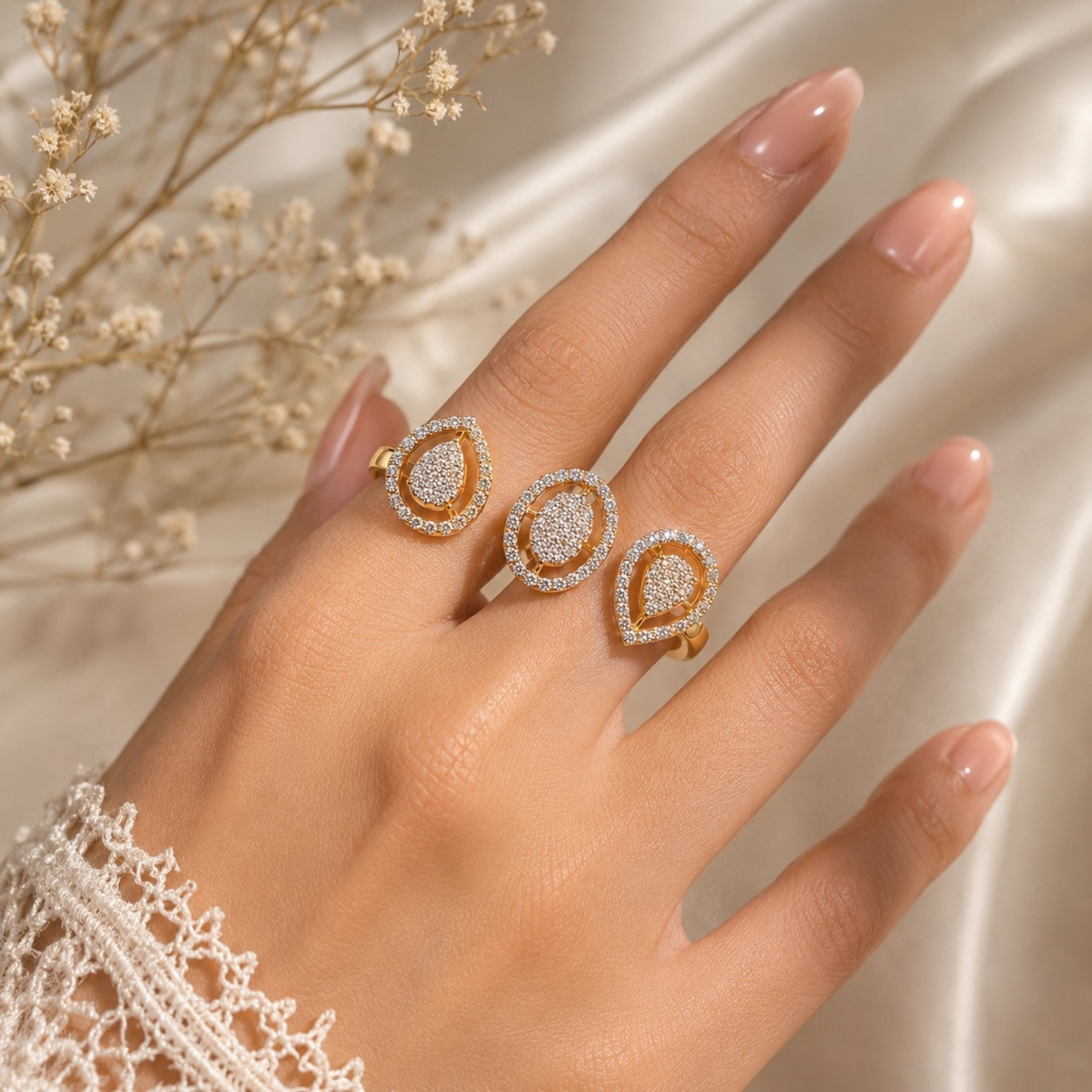 Close-up creative hand shot of a golden triple diamond ring with sparkling stones worn elegantly on fingers in soft luxury aesthetic lighting.