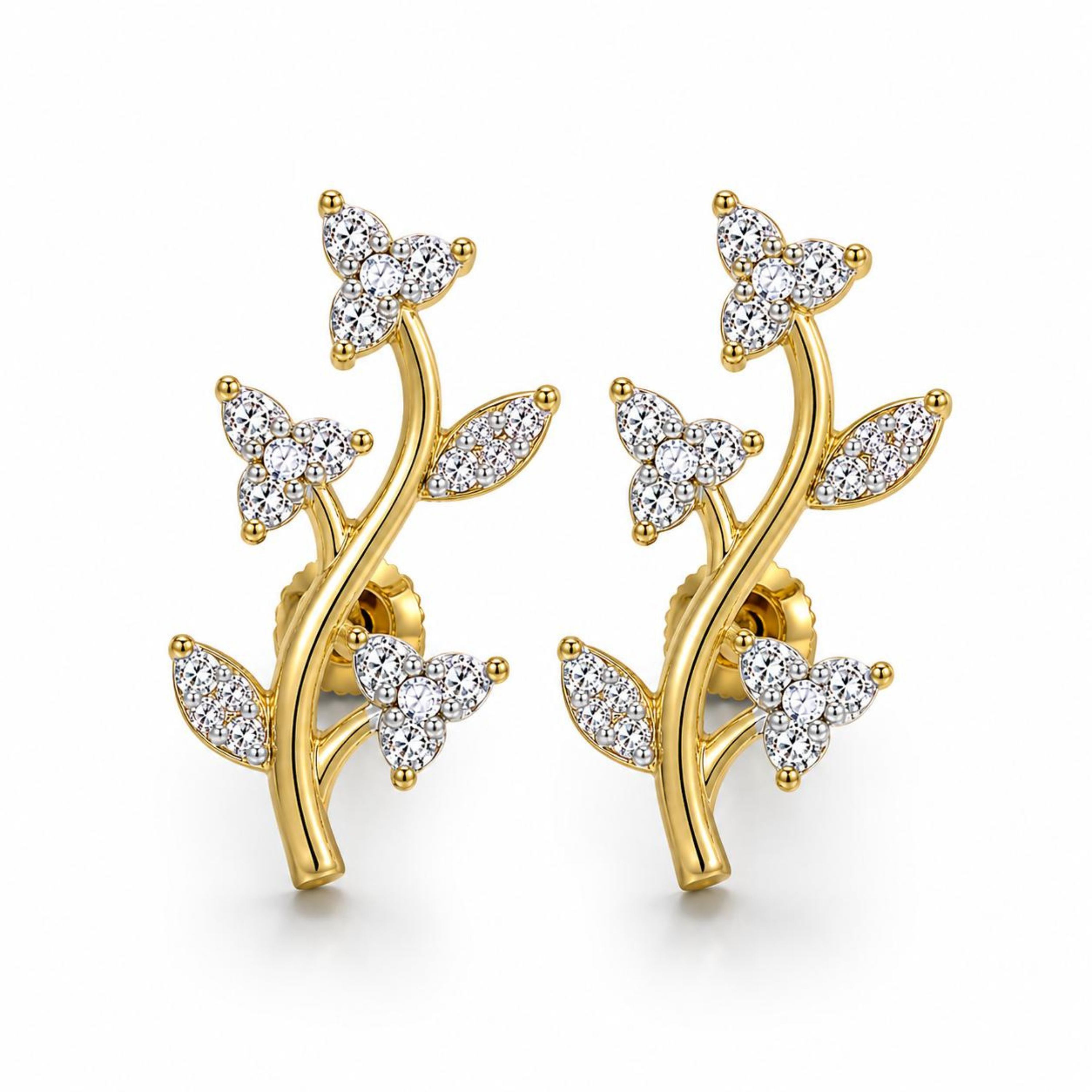 Designed2Attract floral vine 925 sterling silver earrings in golden polish with sparkling stones