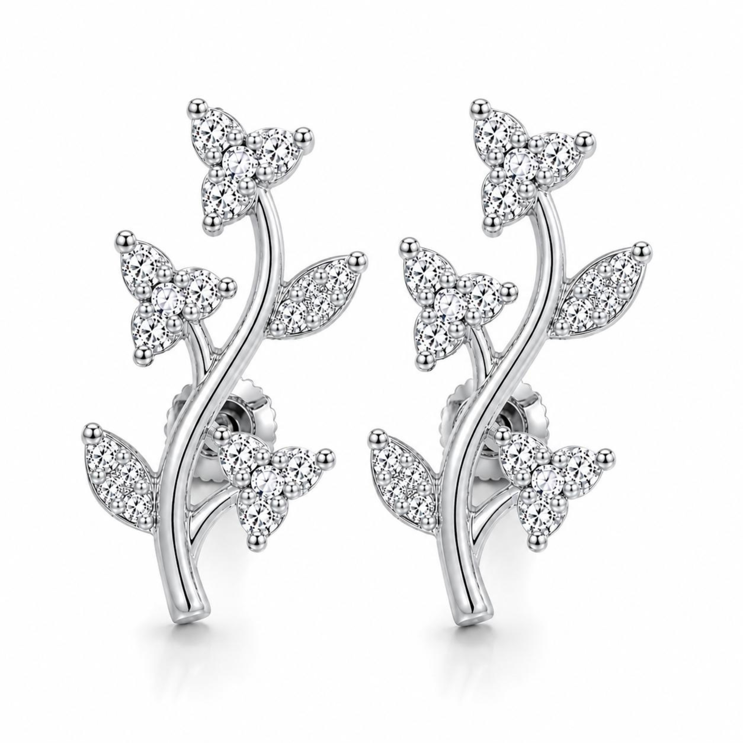Designed2Attract floral vine 925 sterling silver earrings in white polish with sparkling stones