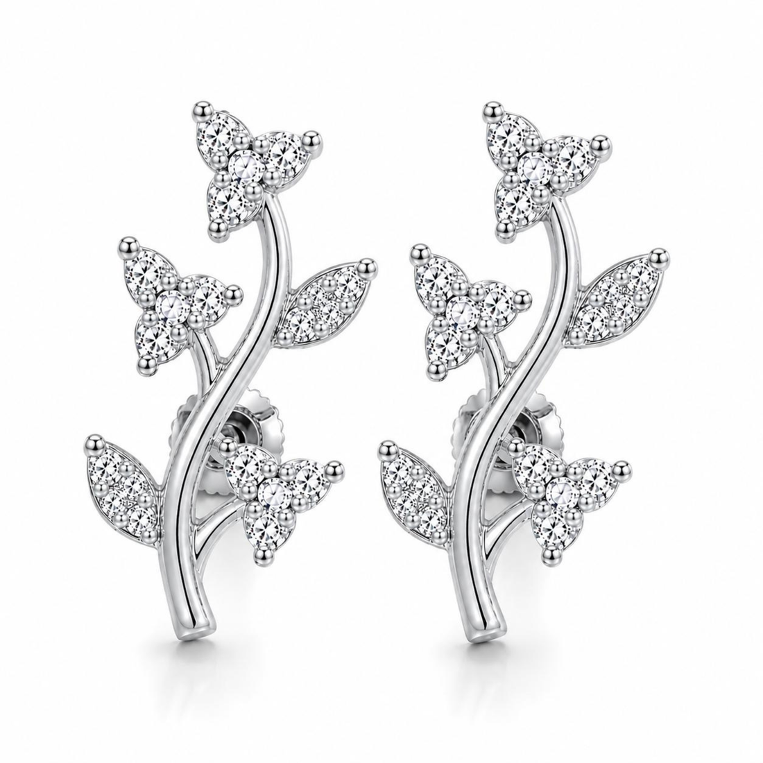 Designed2Attract floral vine 925 sterling silver earrings in white polish with sparkling stones