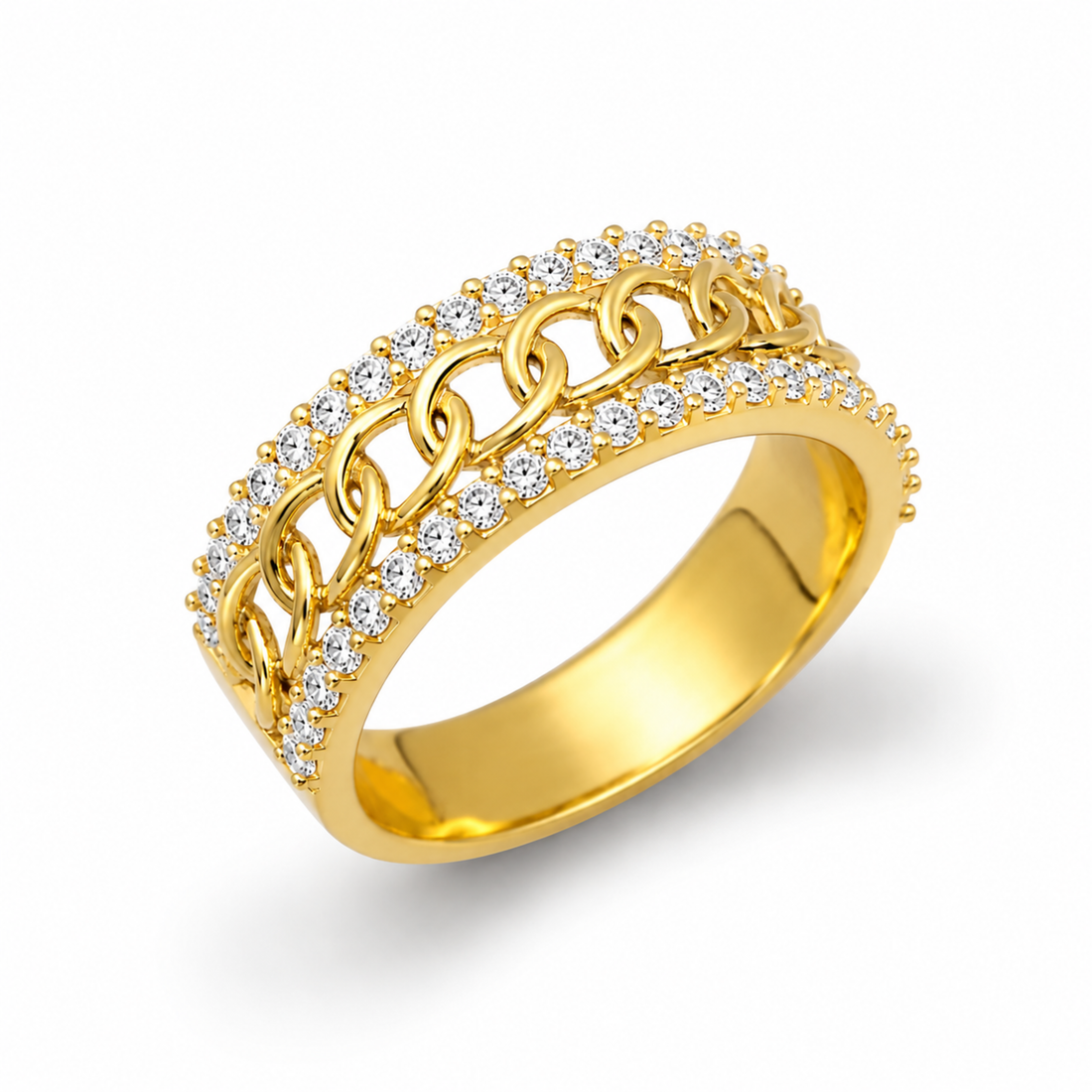Premium golden polish lustre chain design ring with sparkling white diamonds on white background with soft shadow for luxury jewellery website.