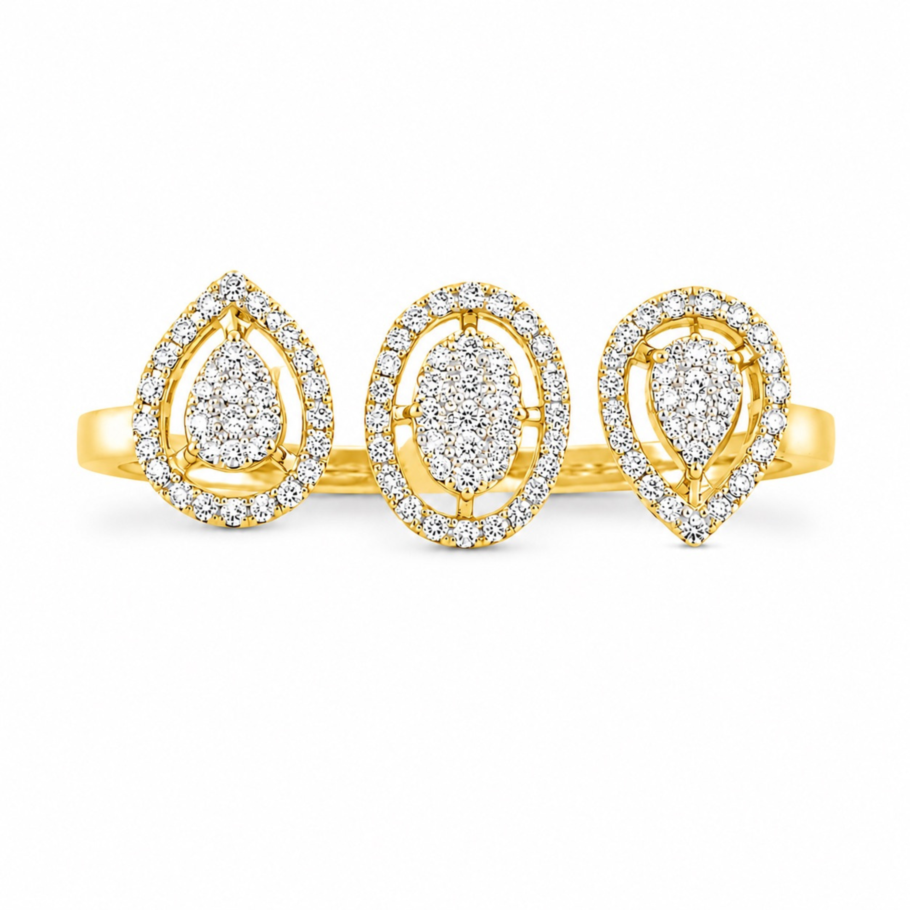 Elegant triple cluster diamond ring in golden polish with sparkling white stones on a clean white background for jewellery website product display.