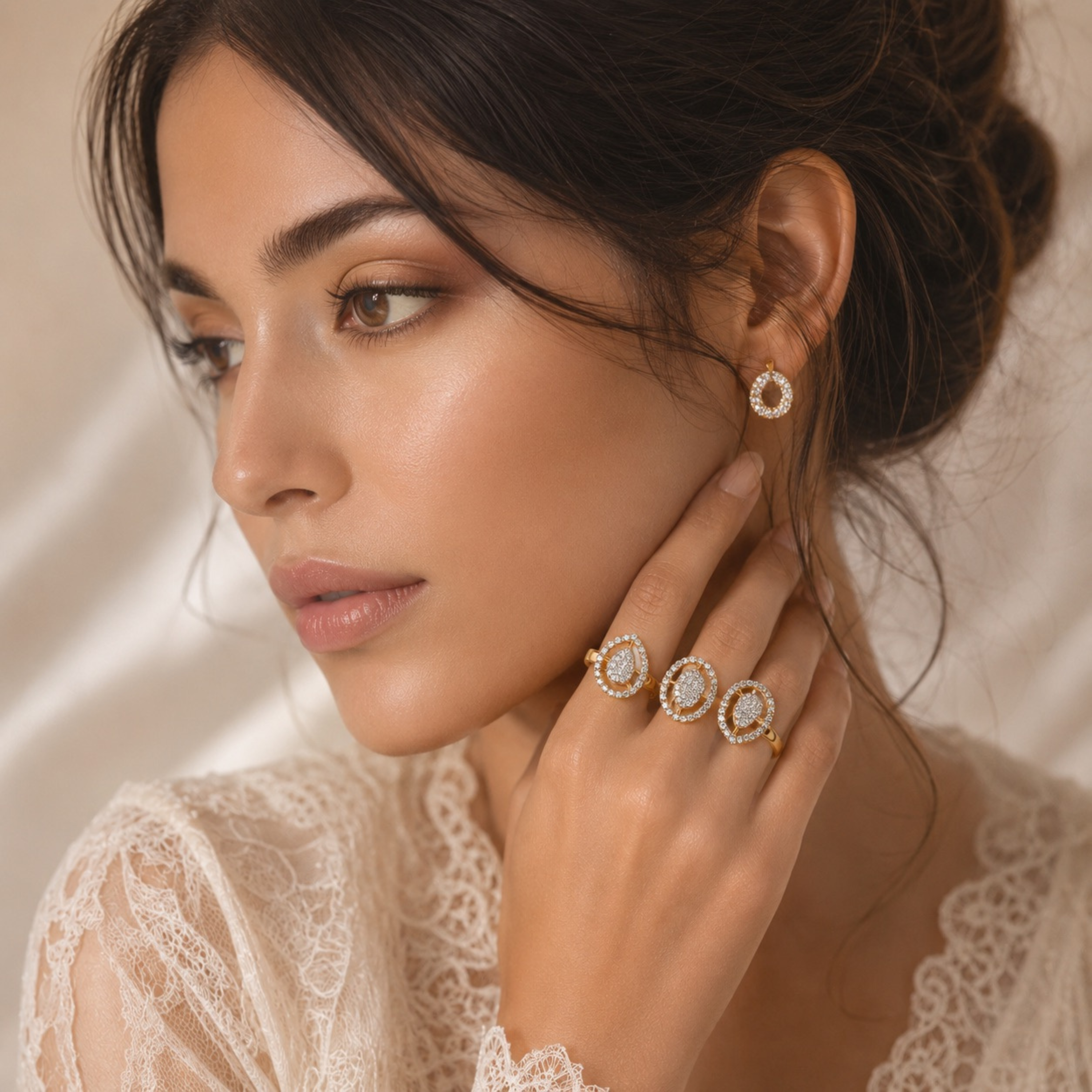 Beautiful female model wearing a luxury golden polish triple diamond ring with elegant pose and soft warm lighting for jewellery fashion website.