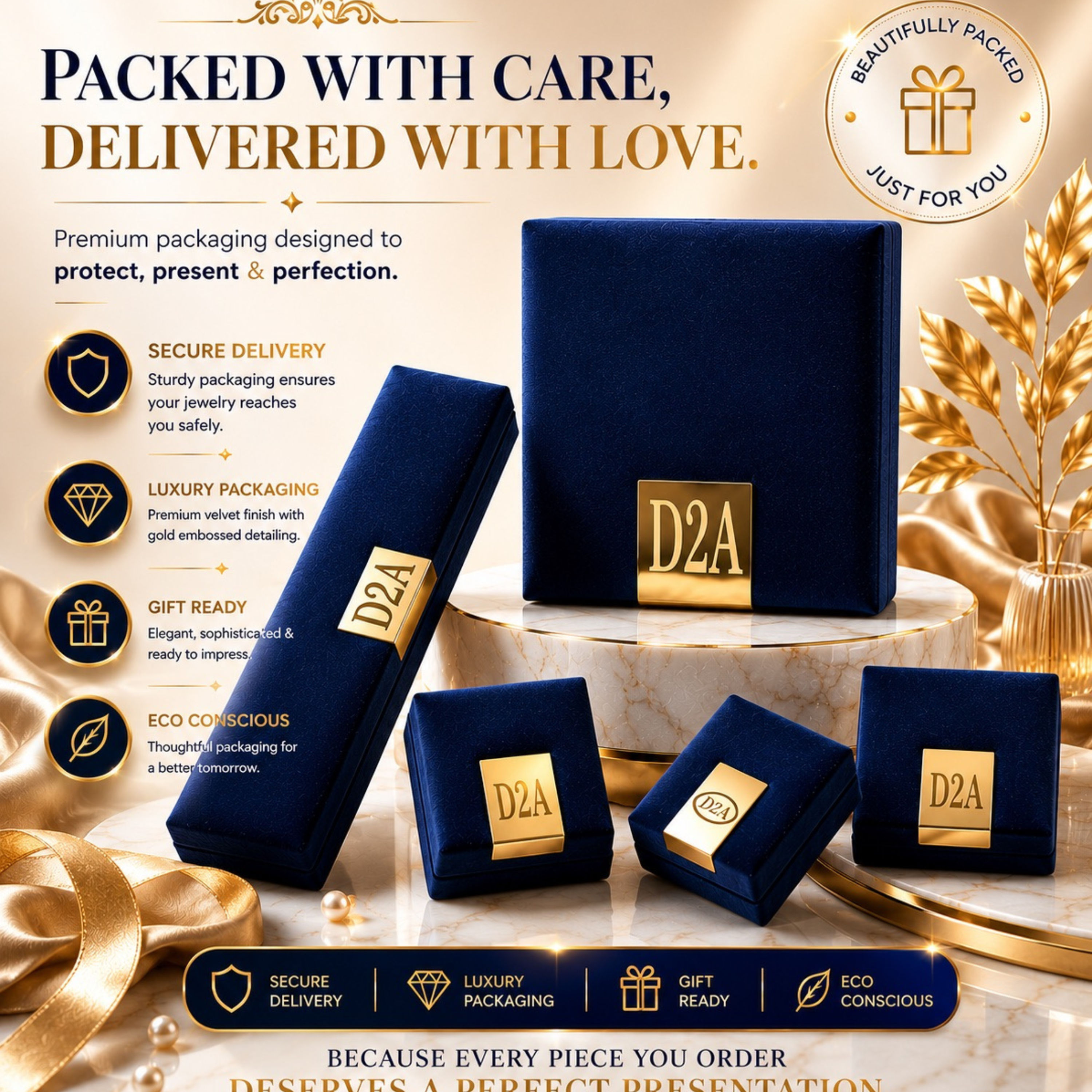Designed2Attract premium luxury jewellery packaging with elegant royal blue velvet gift boxes, secure delivery, gift-ready presentation and authentic 925 sterling silver experience