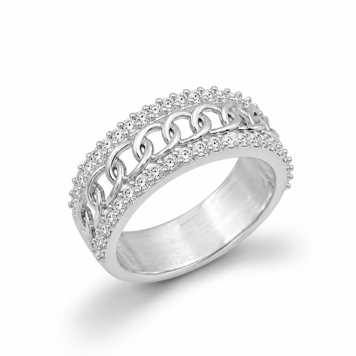 Premium white polish lustre chain design ring with clear sparkling diamonds on white background with soft shadow for luxury jewellery website
