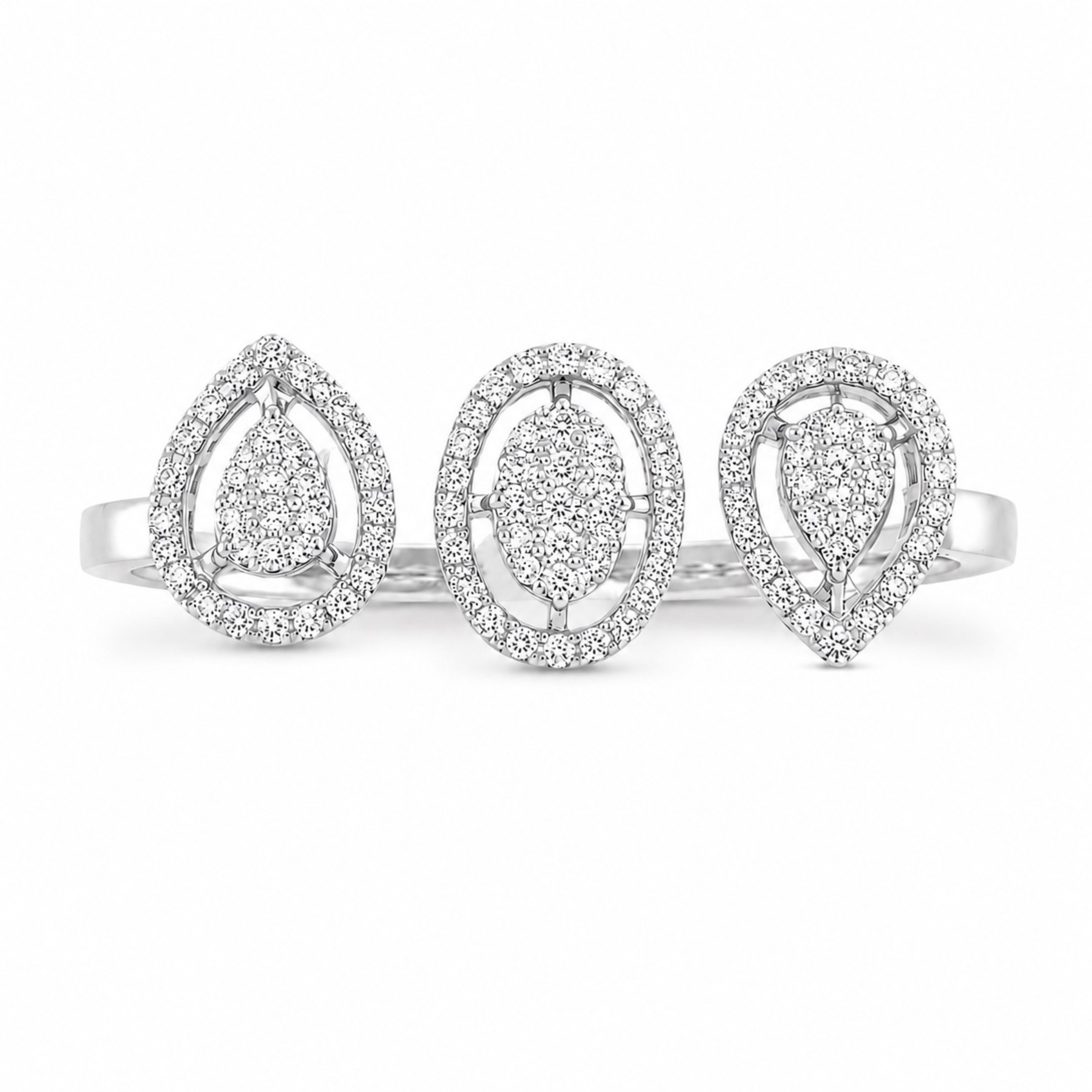 Luxury white polish triple diamond ring with clear sparkling stones and soft shadow on white background for premium jewellery website.