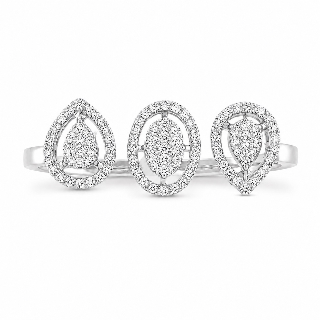 Luxury white polish triple diamond ring with clear sparkling stones and soft shadow on white background for premium jewellery website.