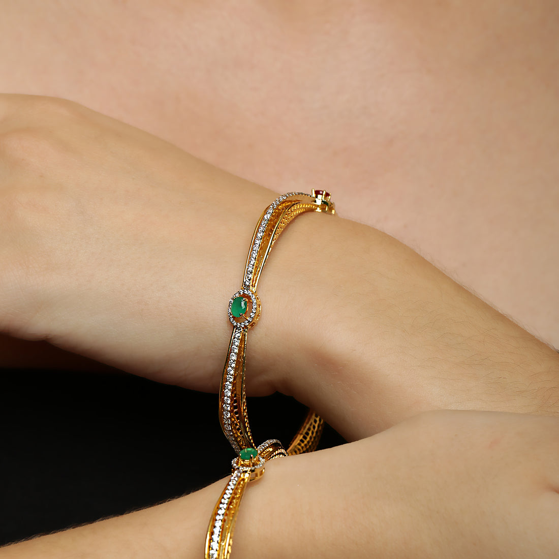 Designer Square Ruby Emerald sterling silver bangle close-up stone detail