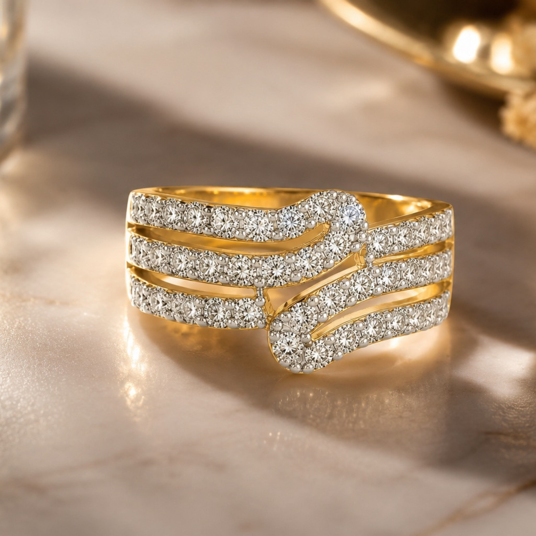 Luxury diamond crossover ring creative product shot with premium elegant styling
