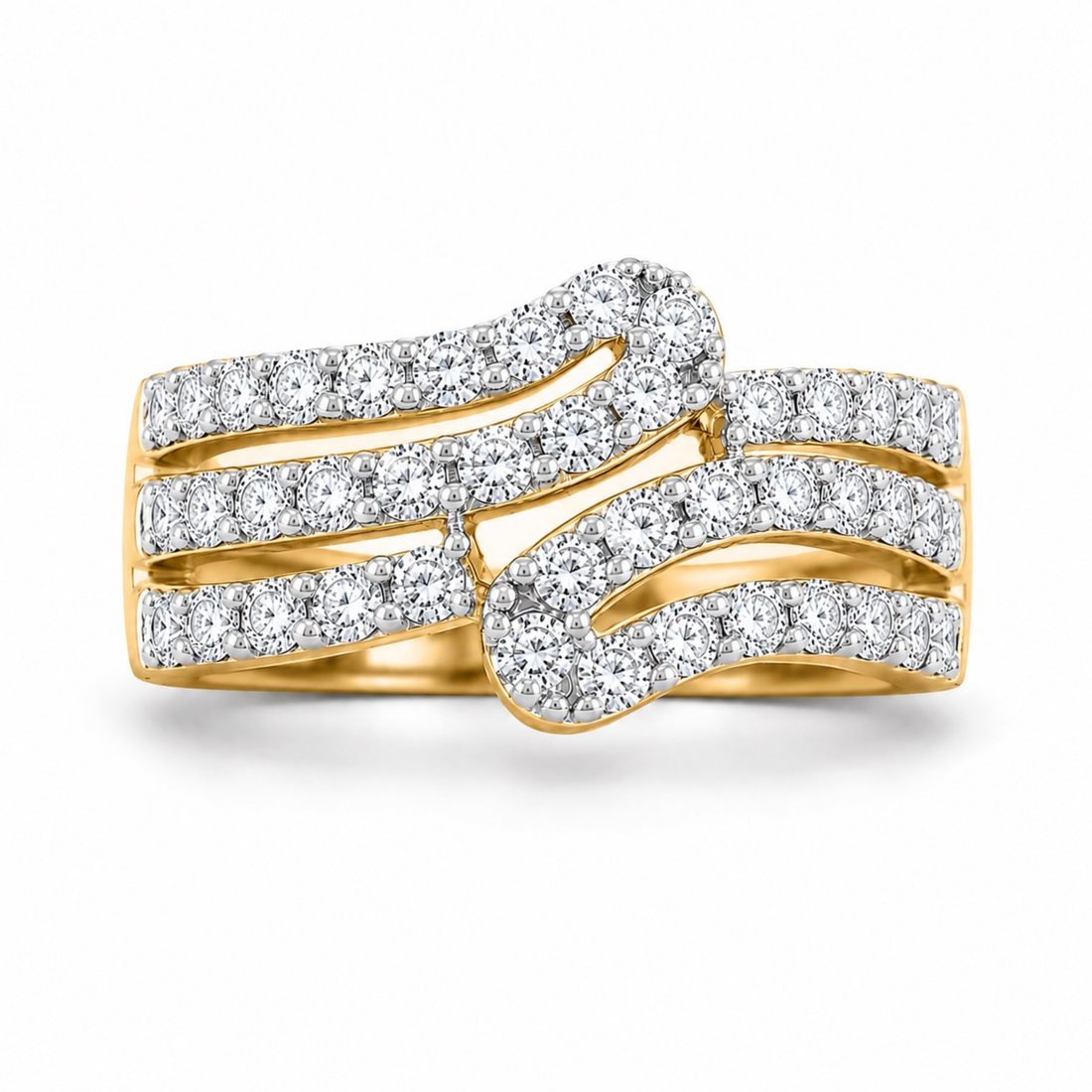Elegant diamond crossover ring in gold polish with sparkling round diamonds and premium luxury finish