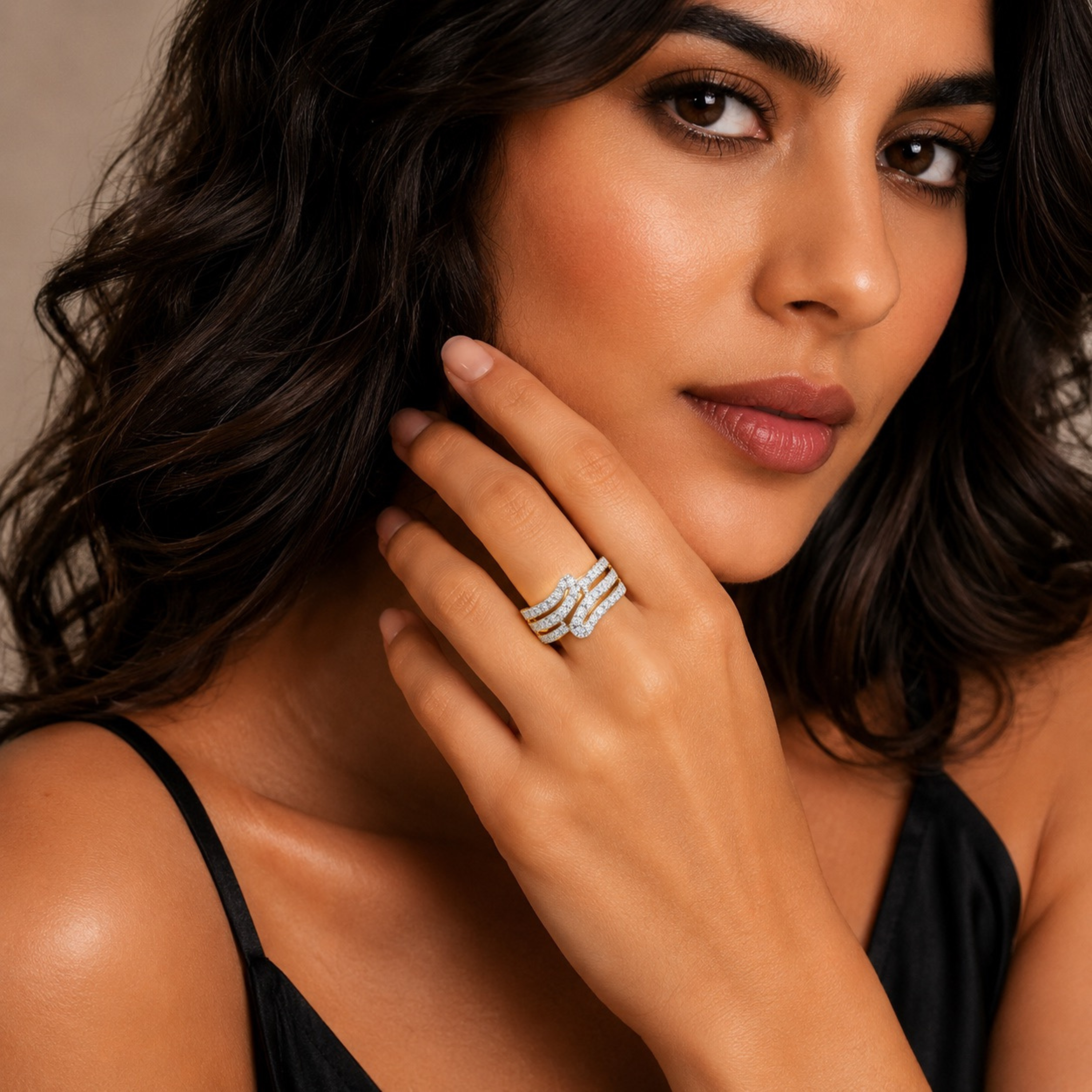 Beautiful model wearing luxury diamond crossover ring with elegant premium styling