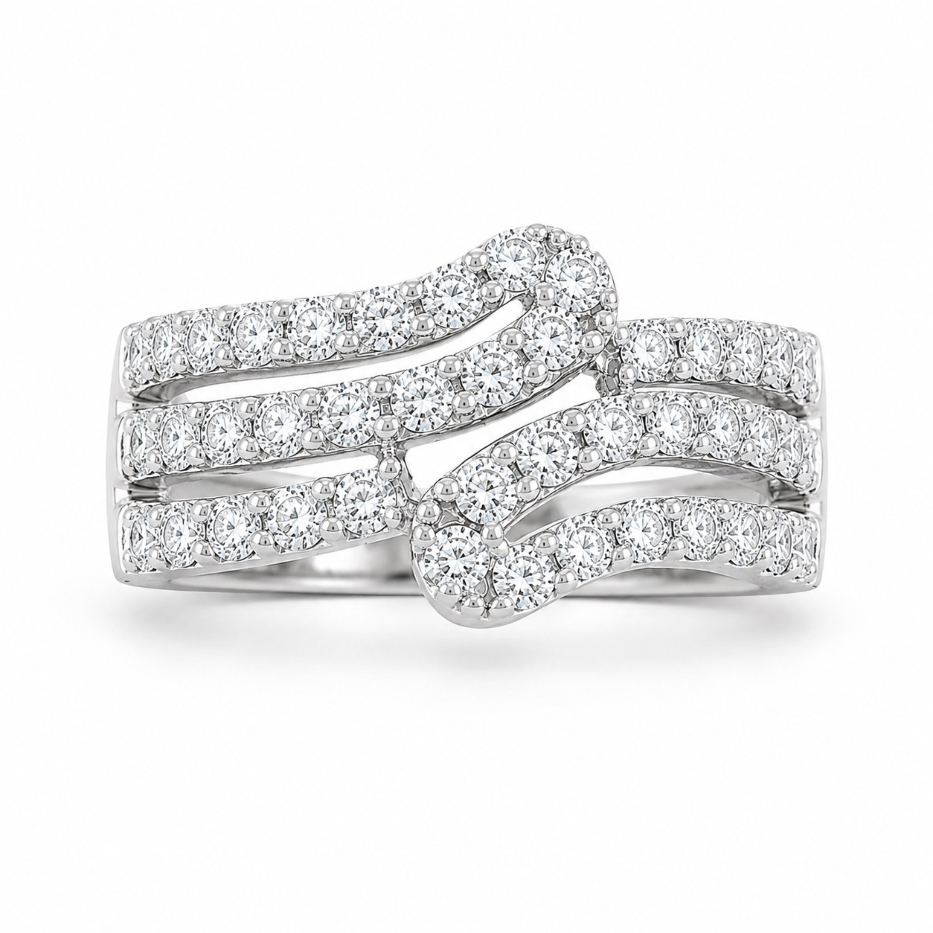 Luxury diamond crossover ring in white polish with brilliant round diamonds and elegant finish