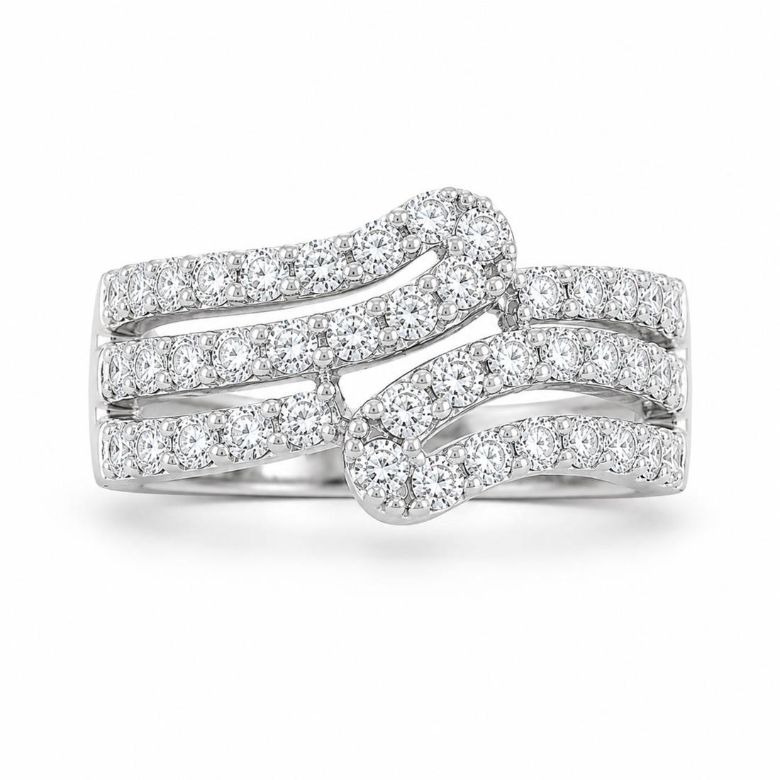 Luxury diamond crossover ring in white polish with brilliant round diamonds and elegant finish