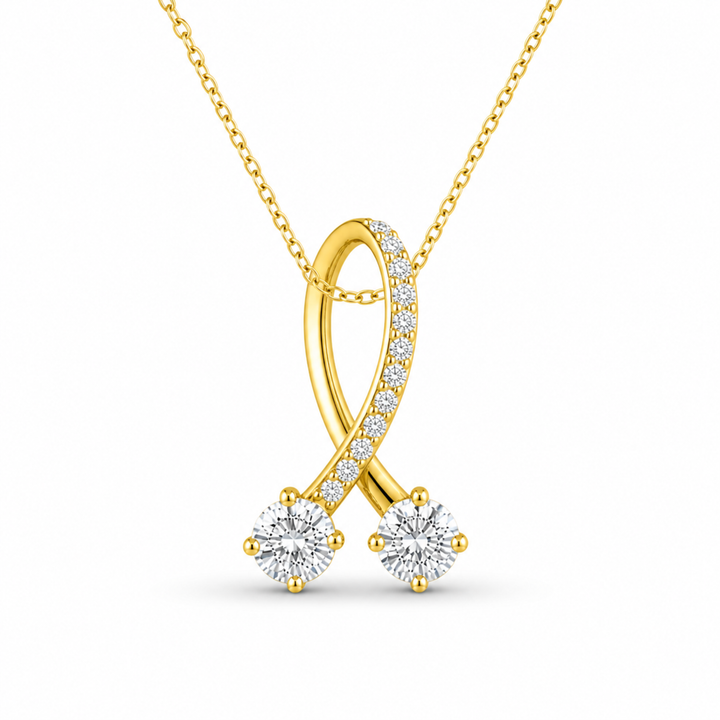 925 silver diamond ribbon pendant in gold polish with brilliant round stones, luxury elegant necklace design