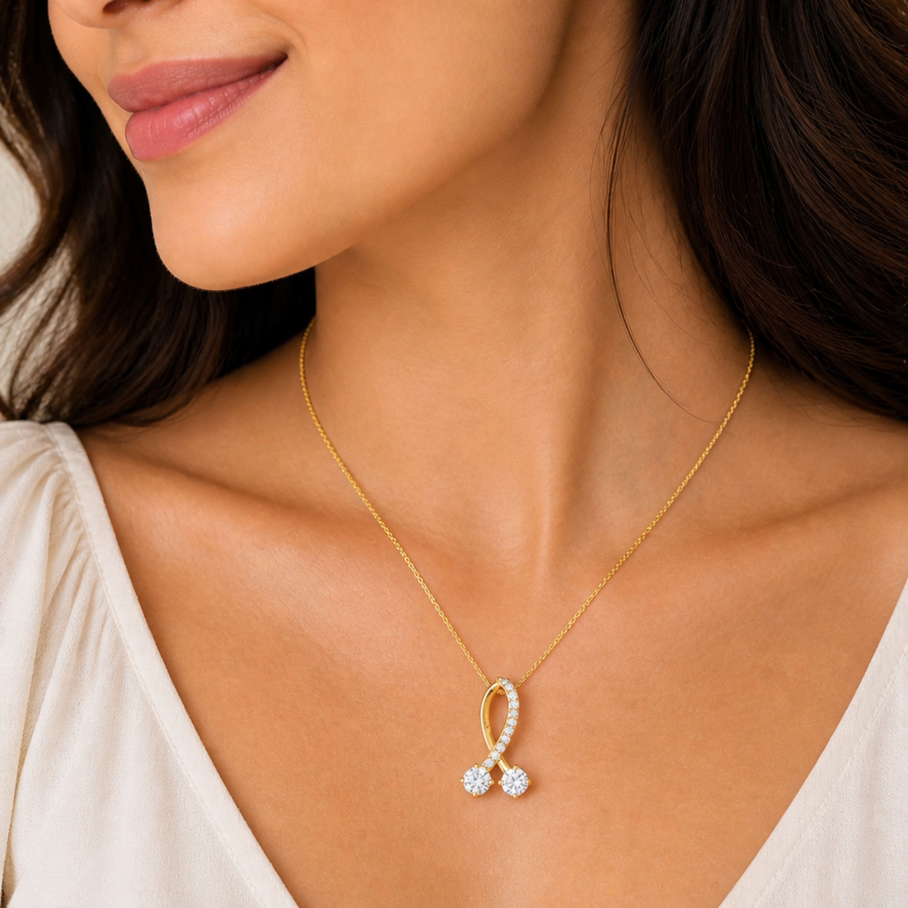  model wearing 925 silver diamond ribbon pendant in gold polish luxury necklace look