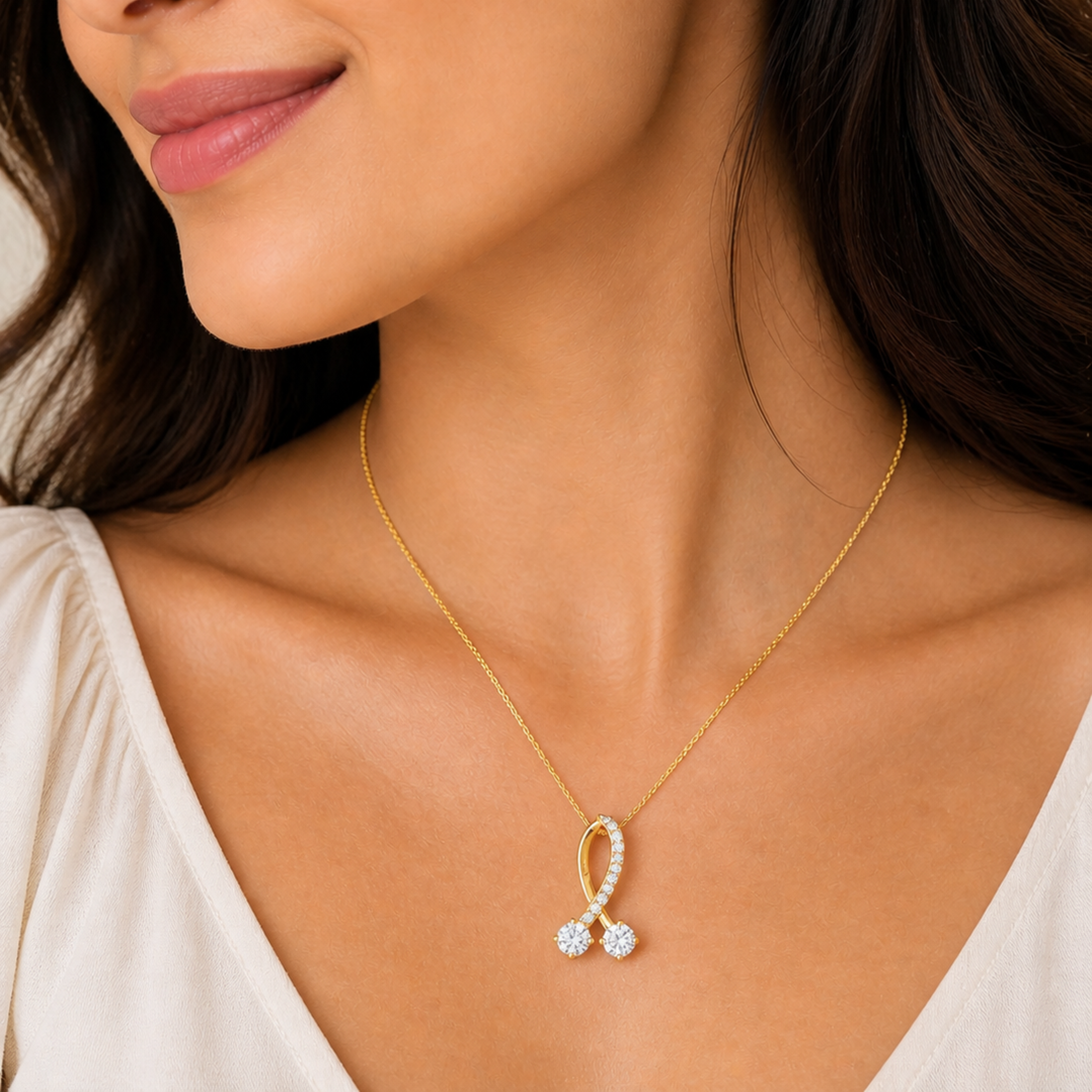  model wearing 925 silver diamond ribbon pendant in gold polish luxury necklace look