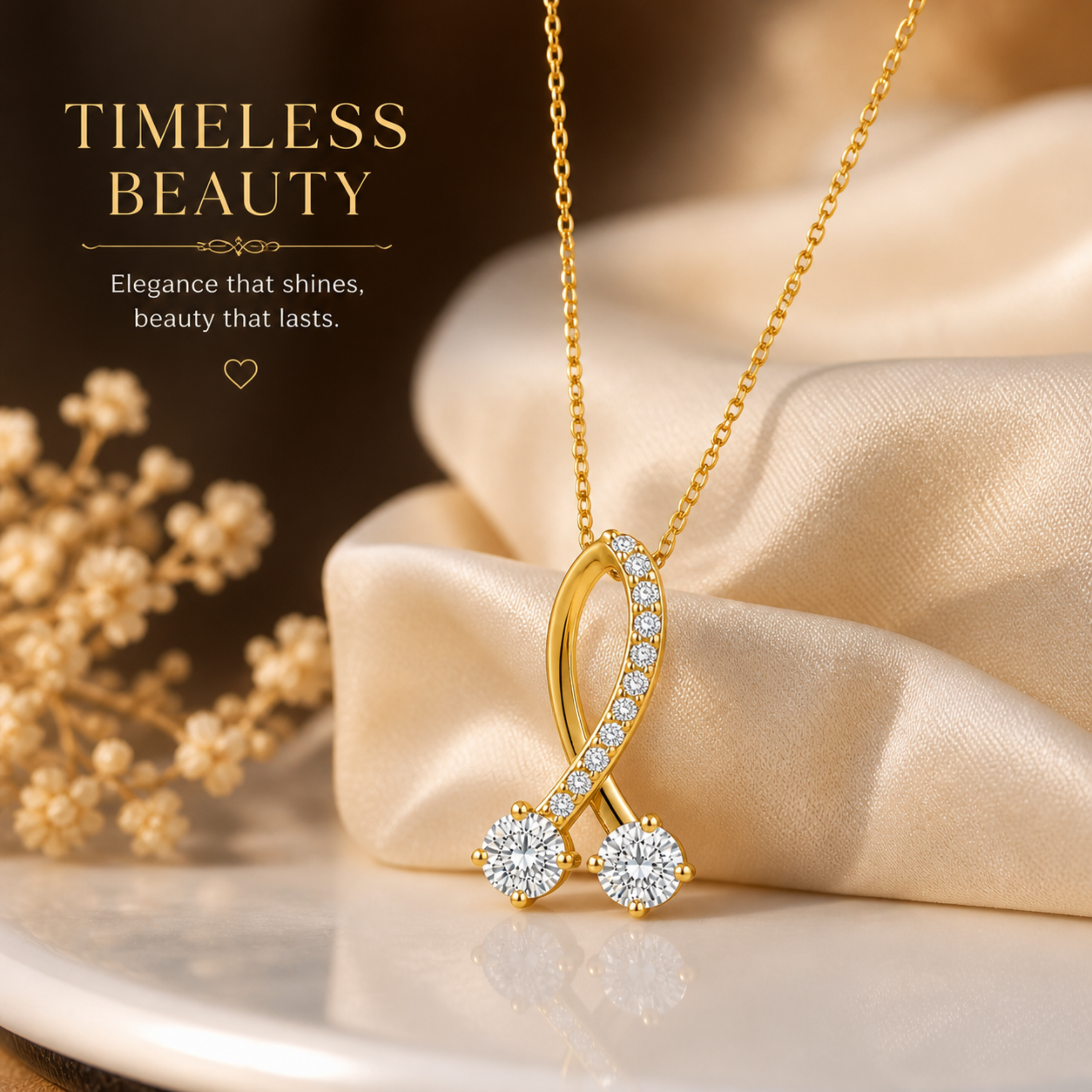 elegant diamond ribbon pendant necklace golden  polish full view