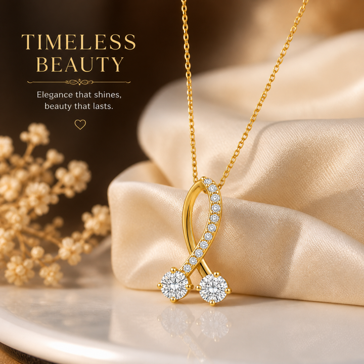 elegant diamond ribbon pendant necklace golden  polish full view