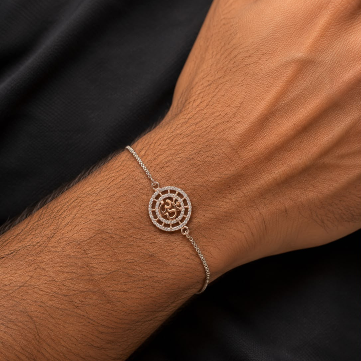 Divine OM rakhi bracelet in 925 sterling silver with diamond detailing and elegant white gold finish