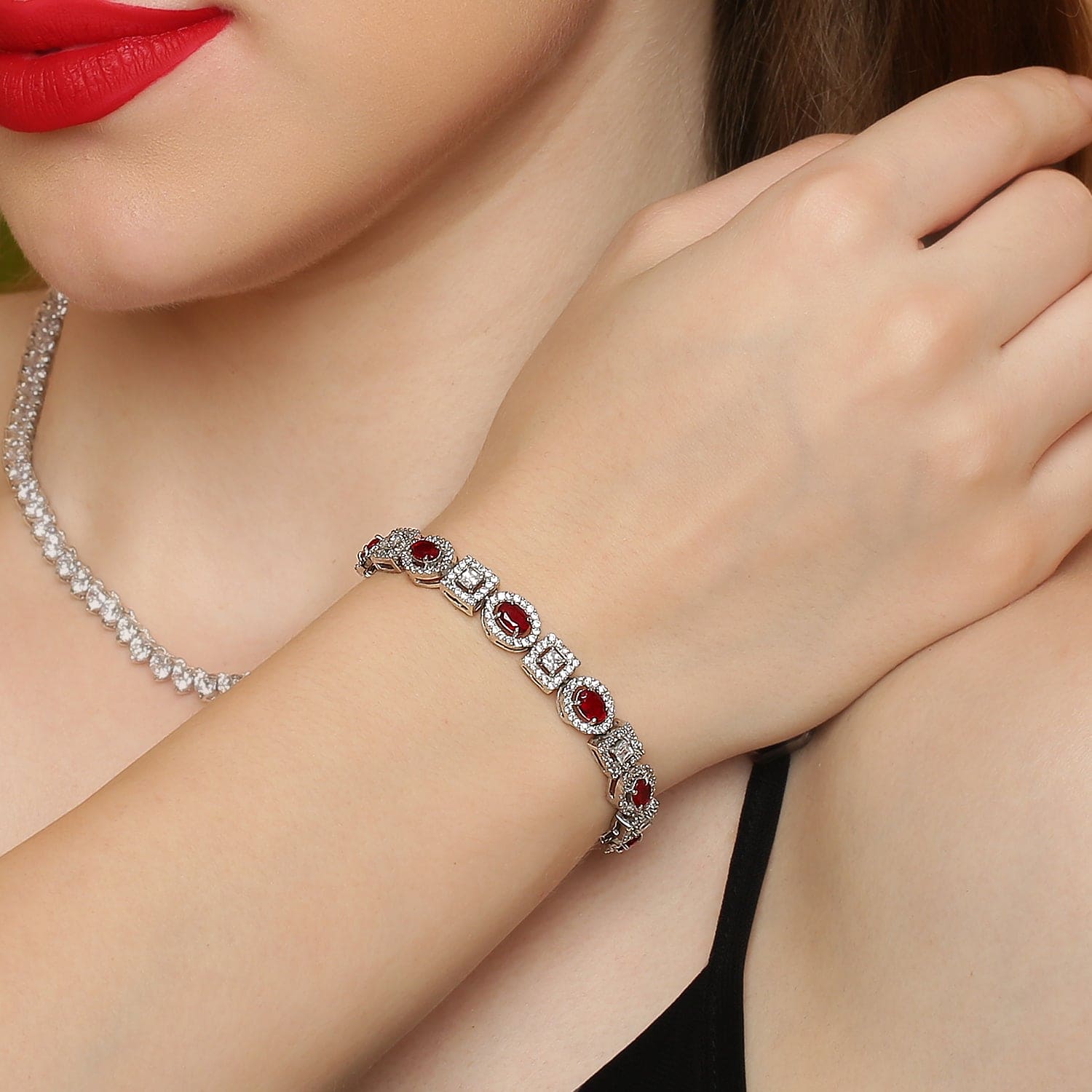 Elegant Ruby Crystals sterling silver tennis bracelet close-up detail