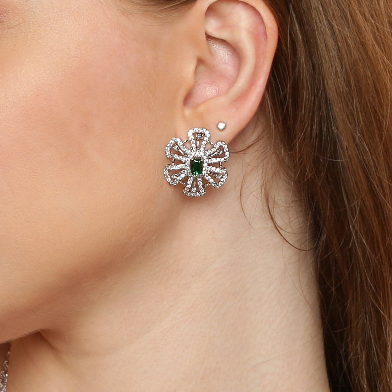 Emerald Elegance sterling silver stud earrings close-up detail