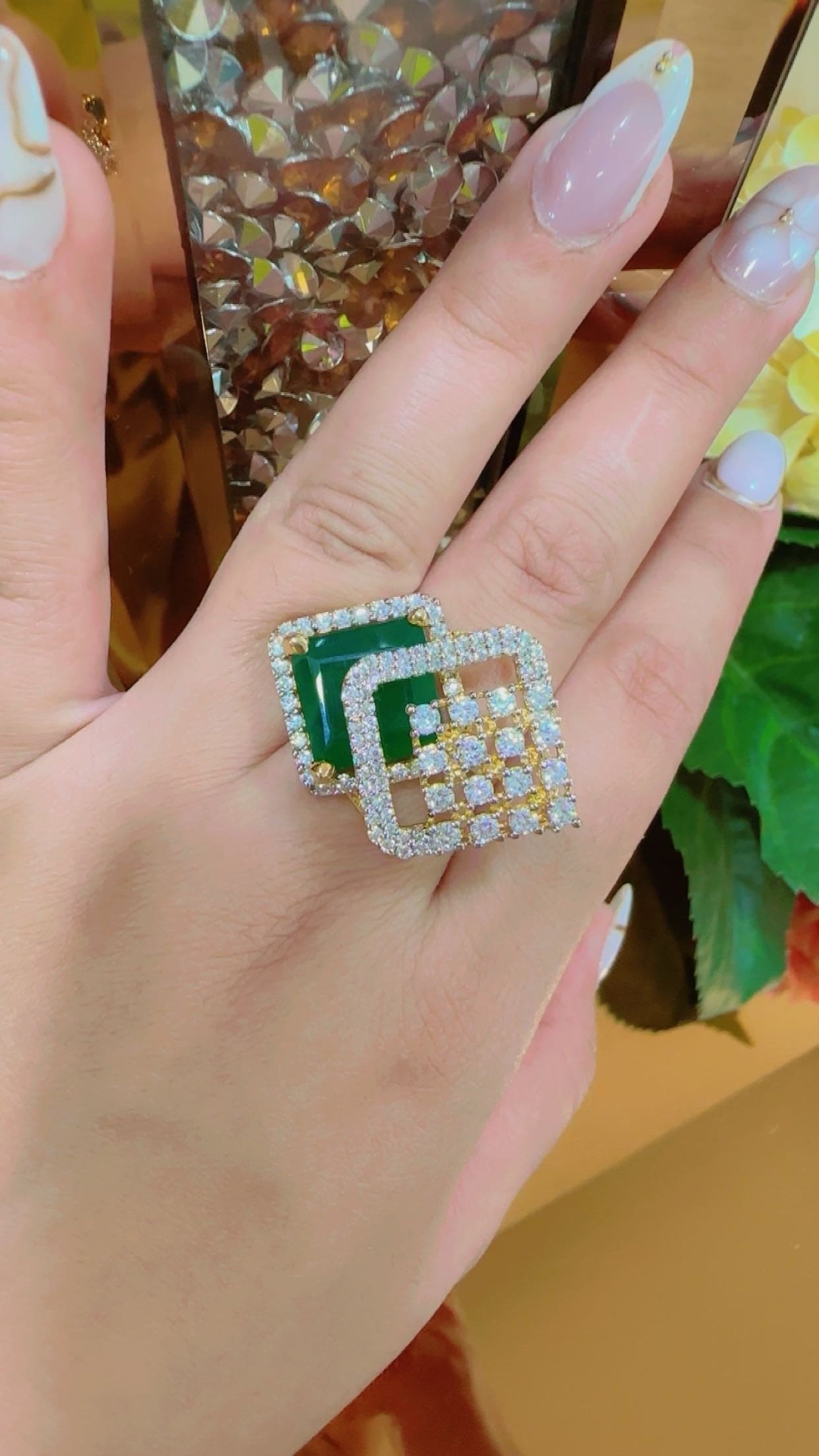 Emerald Radiance Dual Square sterling silver ring close-up detail
