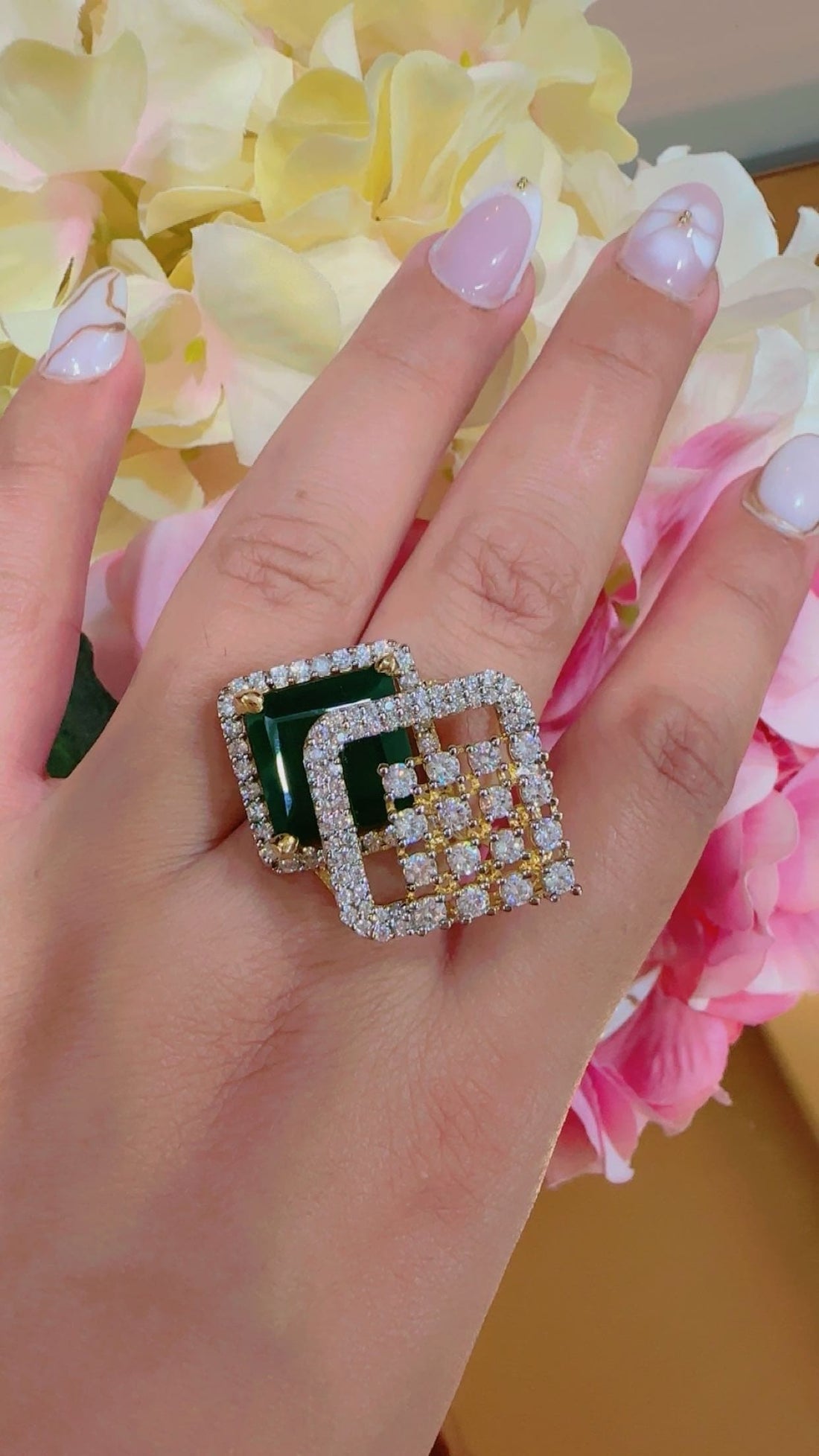 Emerald Radiance Dual Square sterling silver ring side angle view