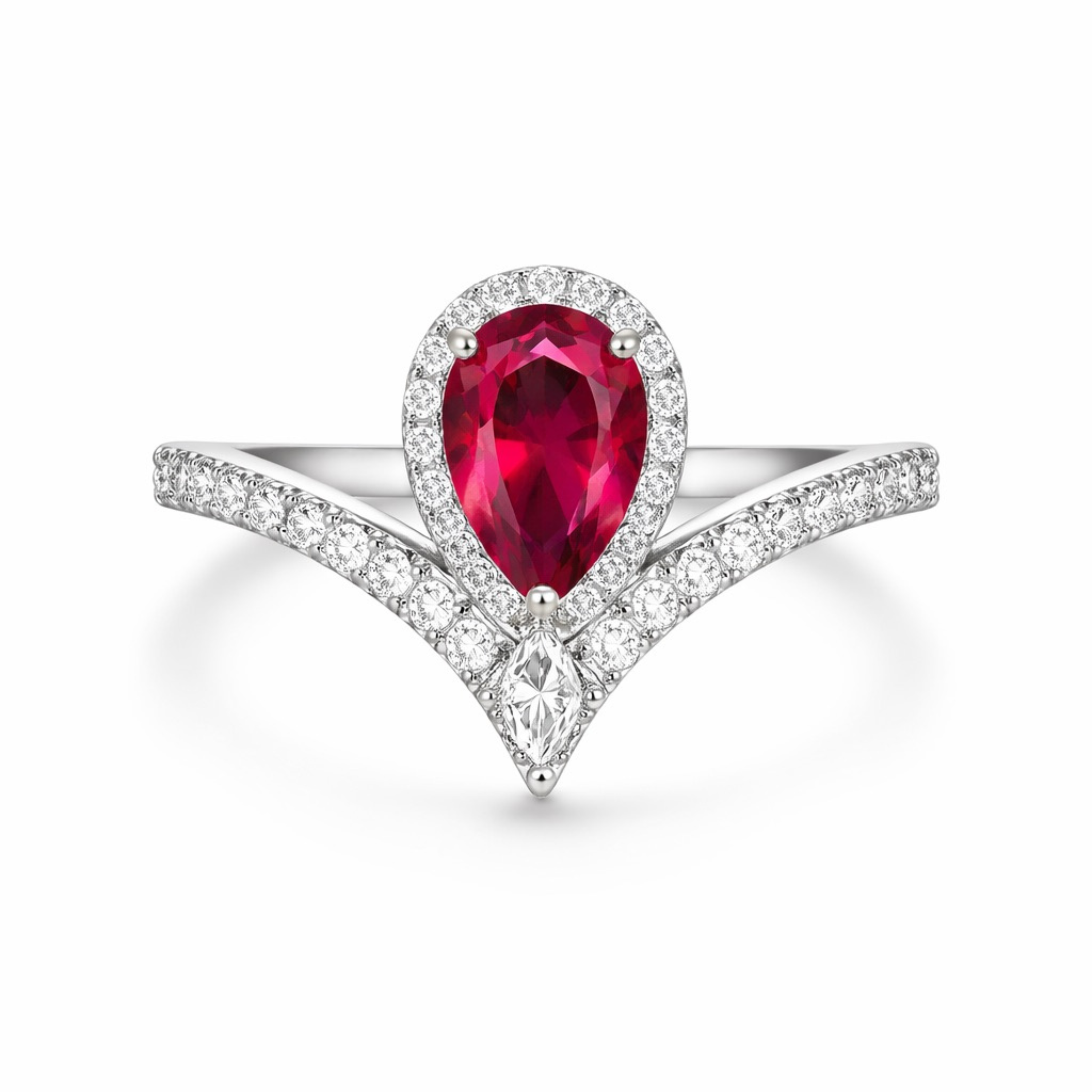 Empress Ruby Teardrop 925 sterling silver ring white finish front view