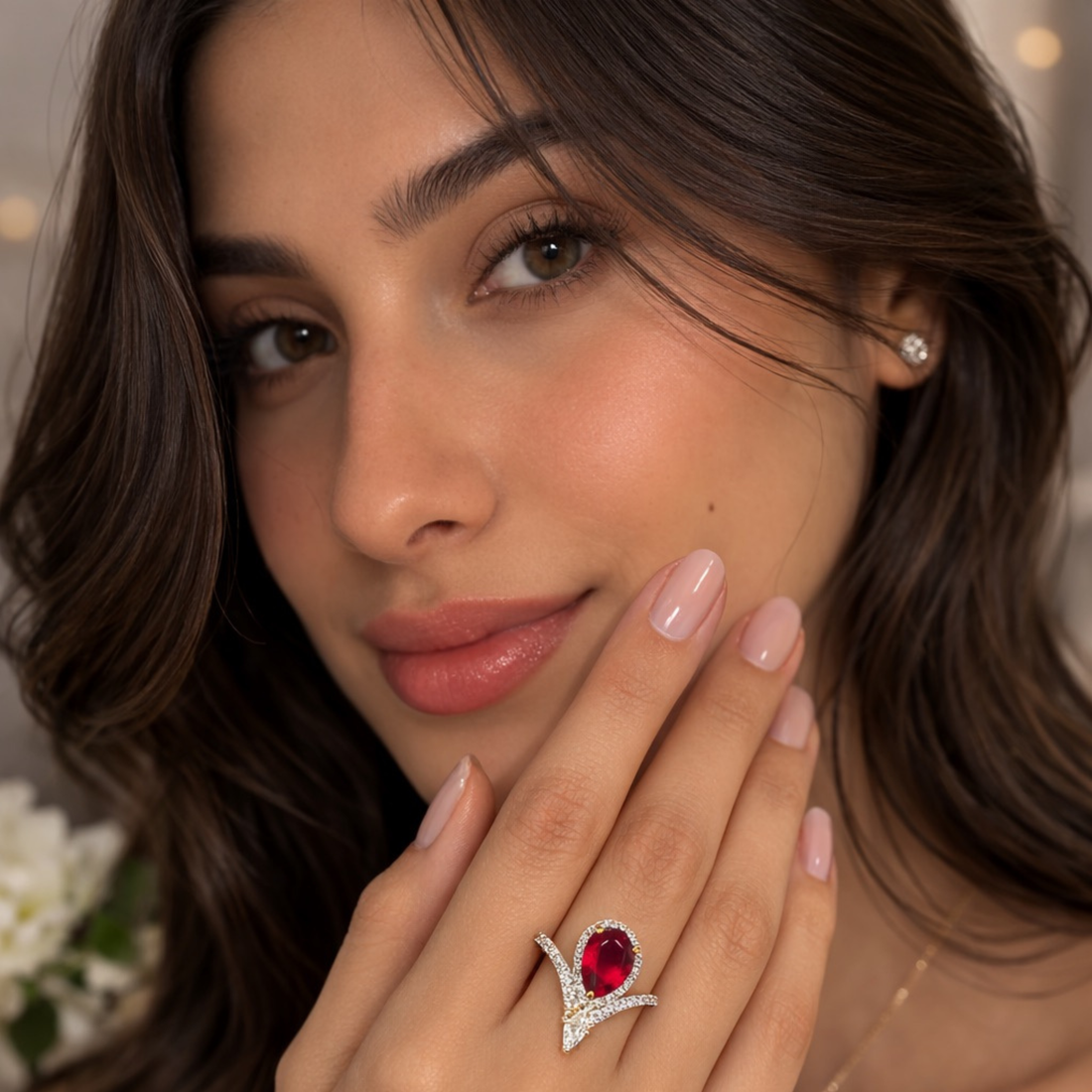 Empress Ruby Teardrop sterling silver ring model look