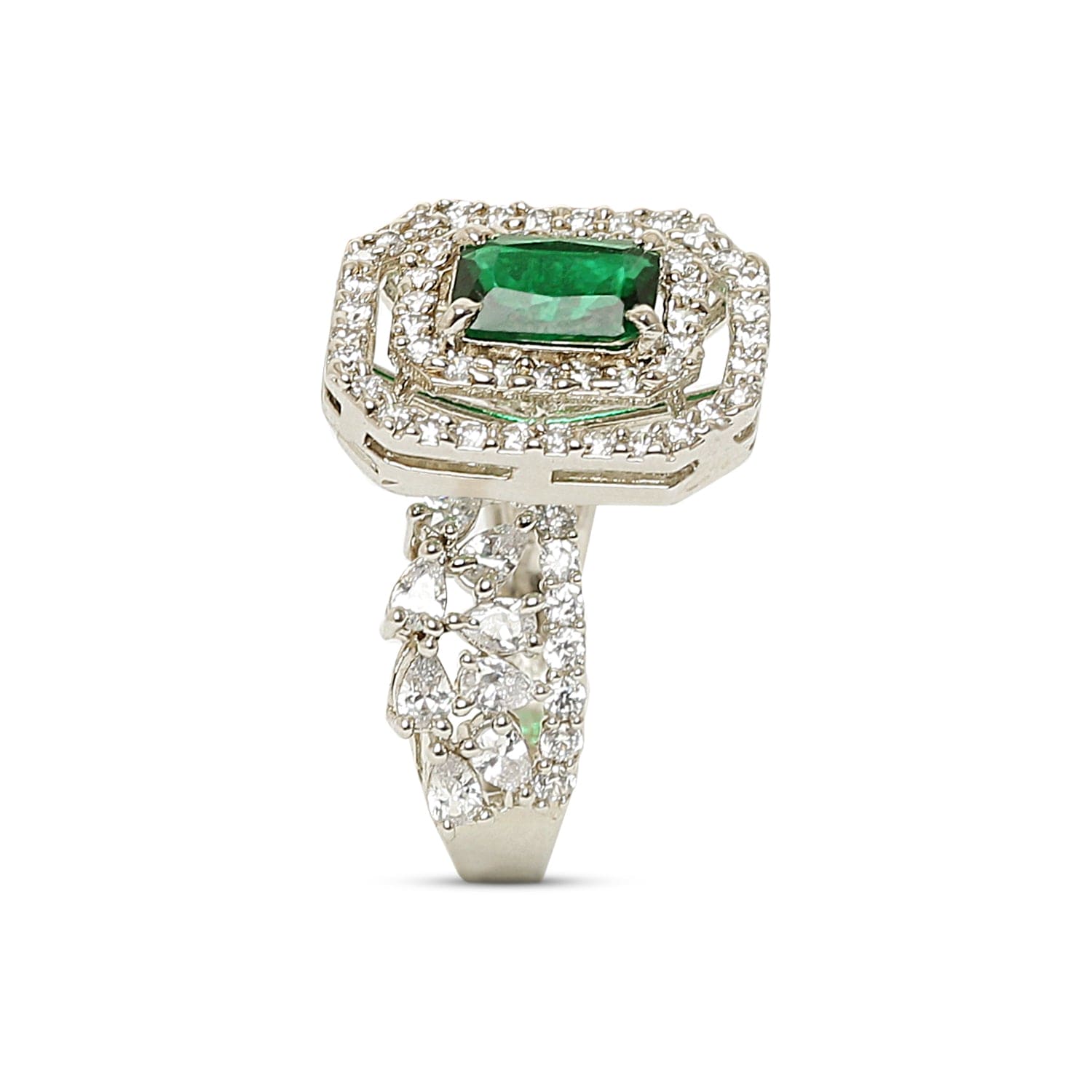 Enchanting Emerald Rhodium-Plated sterling silver ring close-up detail